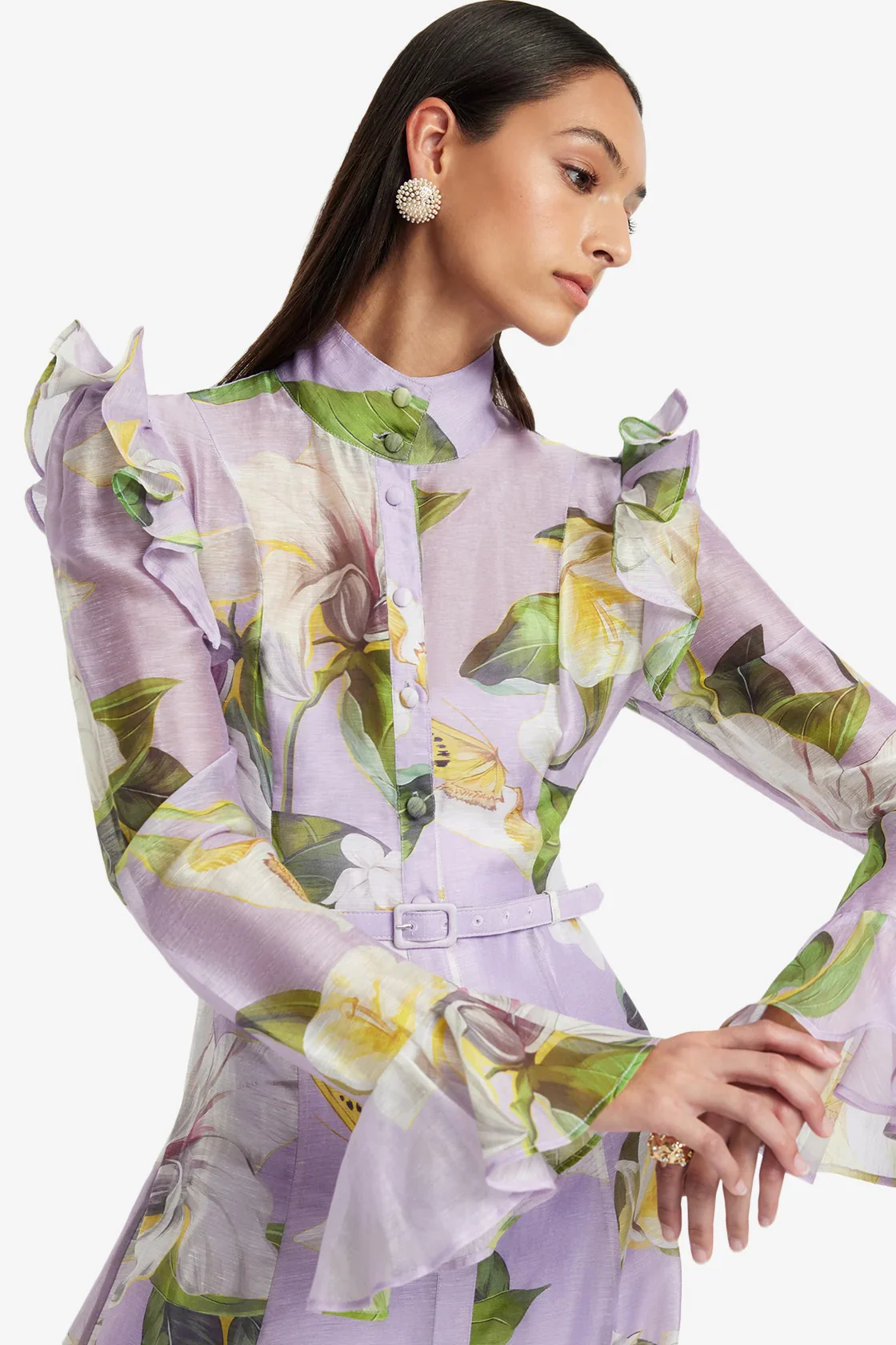 Leo Lin Katrina Butterfly Sleeve Midi Dress - Lily Blossom Print in Lilac - Image 5