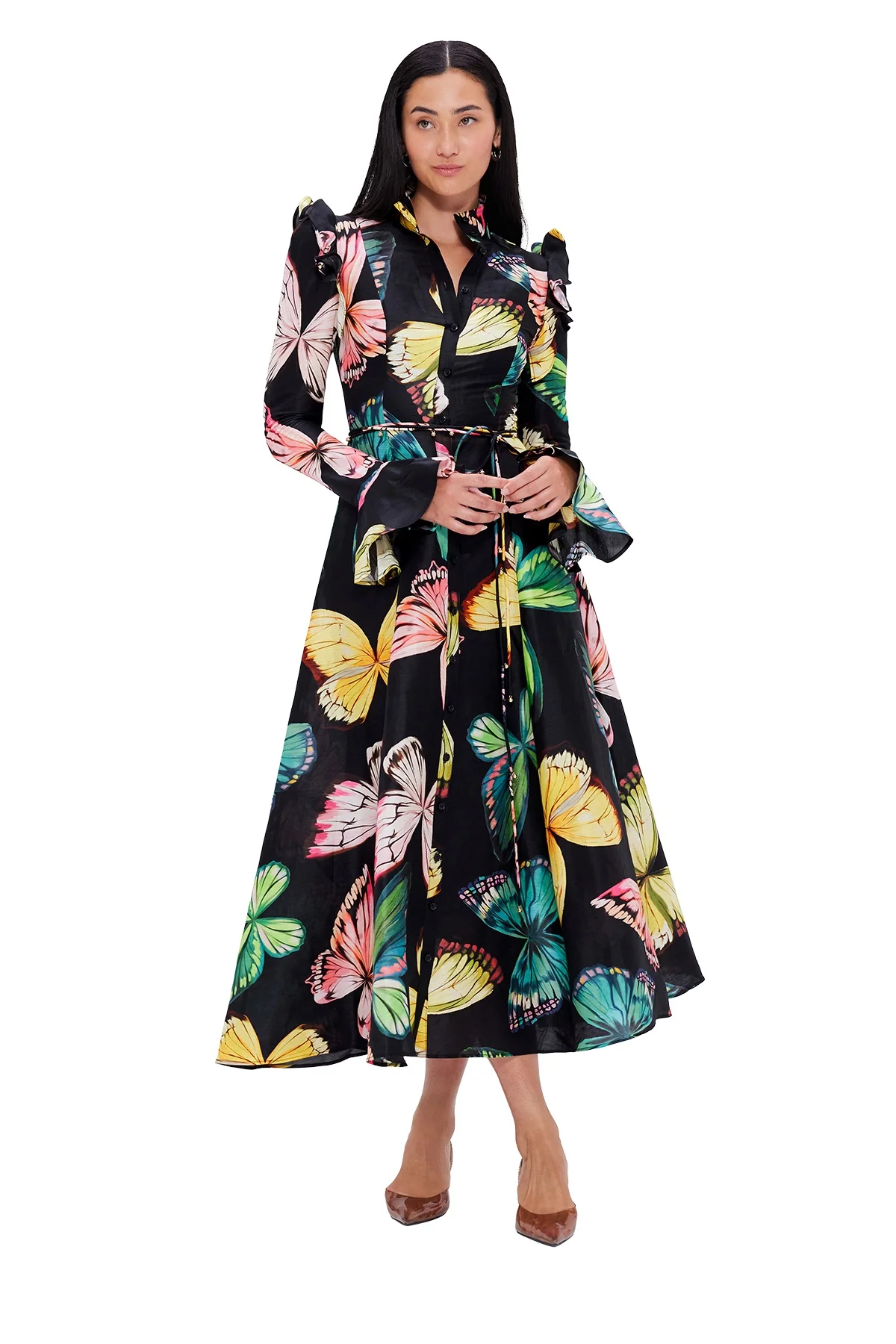 Leo Lin Katrina Butterfly Sleeve Midi Dress - Papillon Print in Black - Image 2