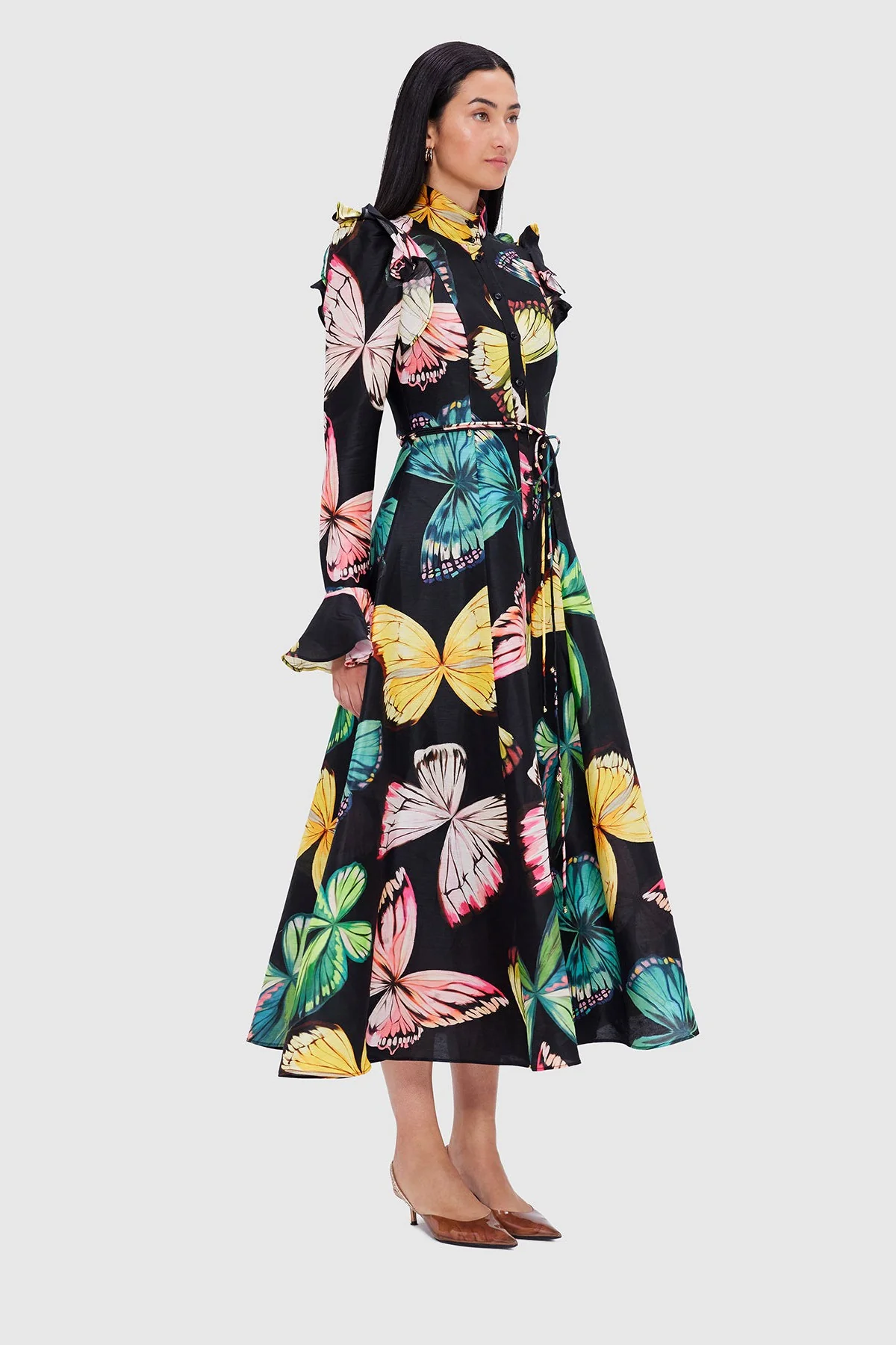 Leo Lin Katrina Butterfly Sleeve Midi Dress - Papillon Print in Black - Image 3