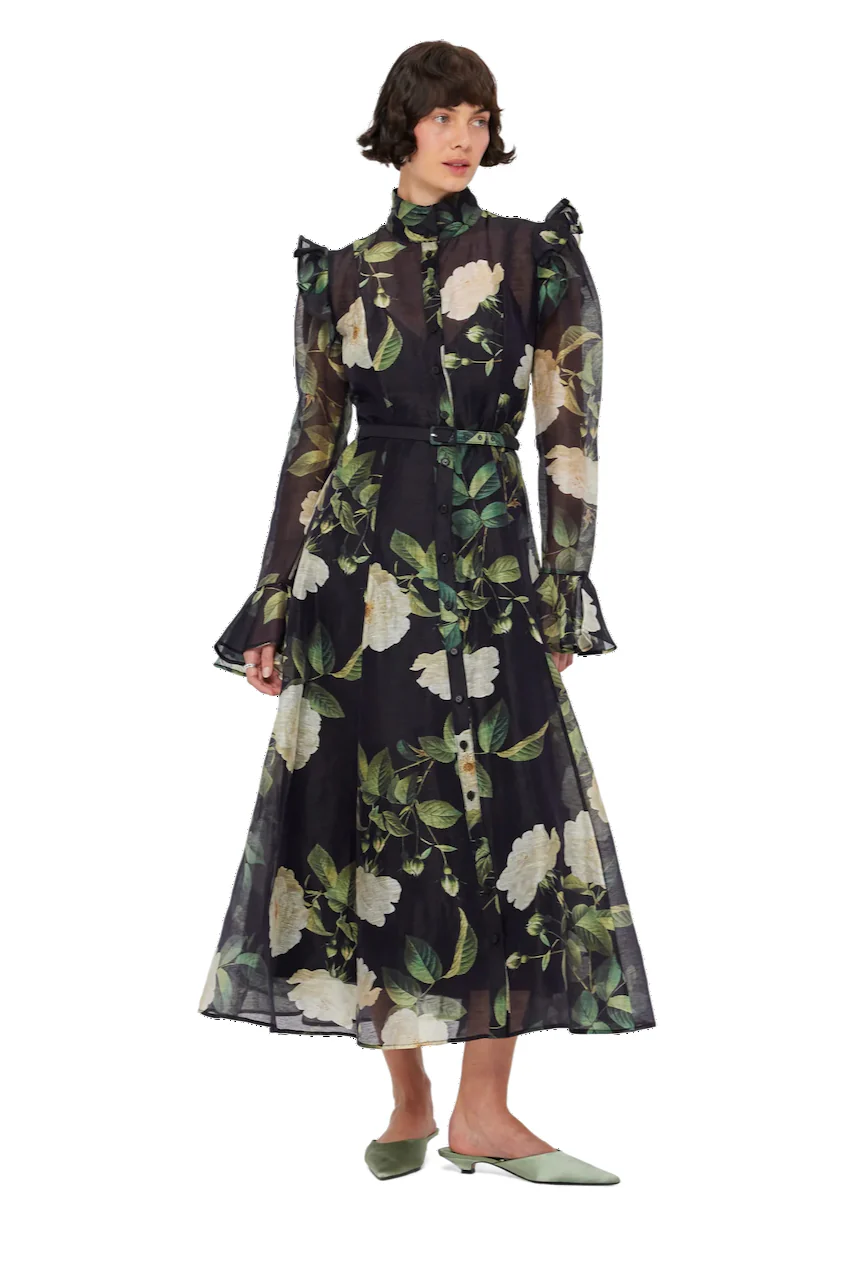 Leo Lin Katrina Butterfly Sleeve Midi Dress - White Rose Print in Black - Image 7