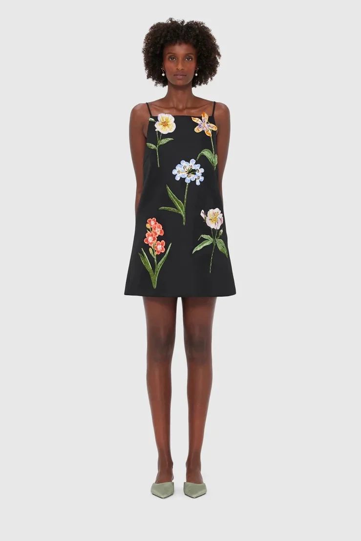 Leo Lin Leia Embroidery Mini Dress - Botanical Print in Ebony