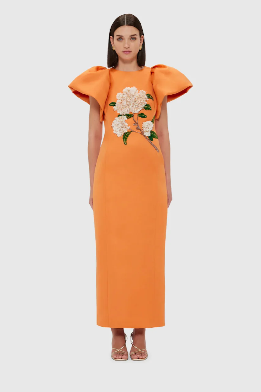 Leo Lin Lucinda Embellished Maxi Dress - Hydrangea Print in Tangerine