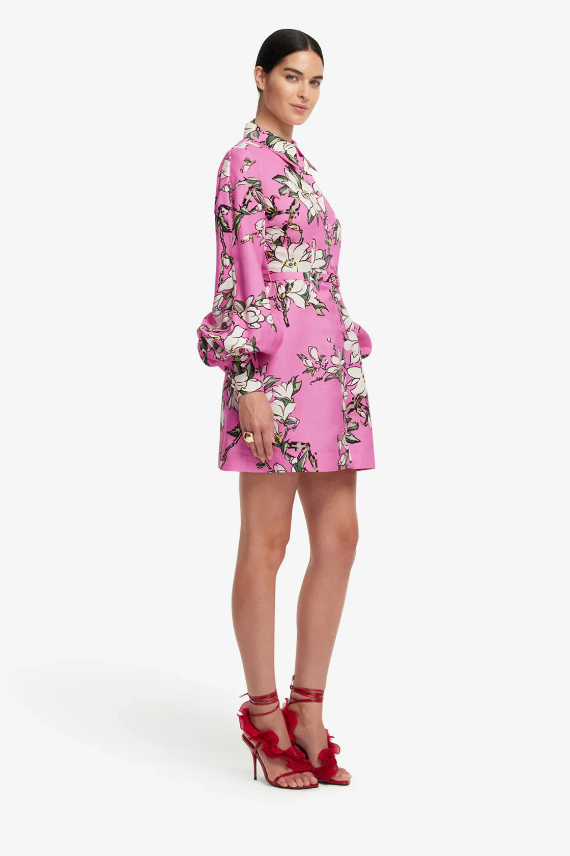 Leo Lin Luminous Linen Mini Dress - Pink Magnolia print - Image 5