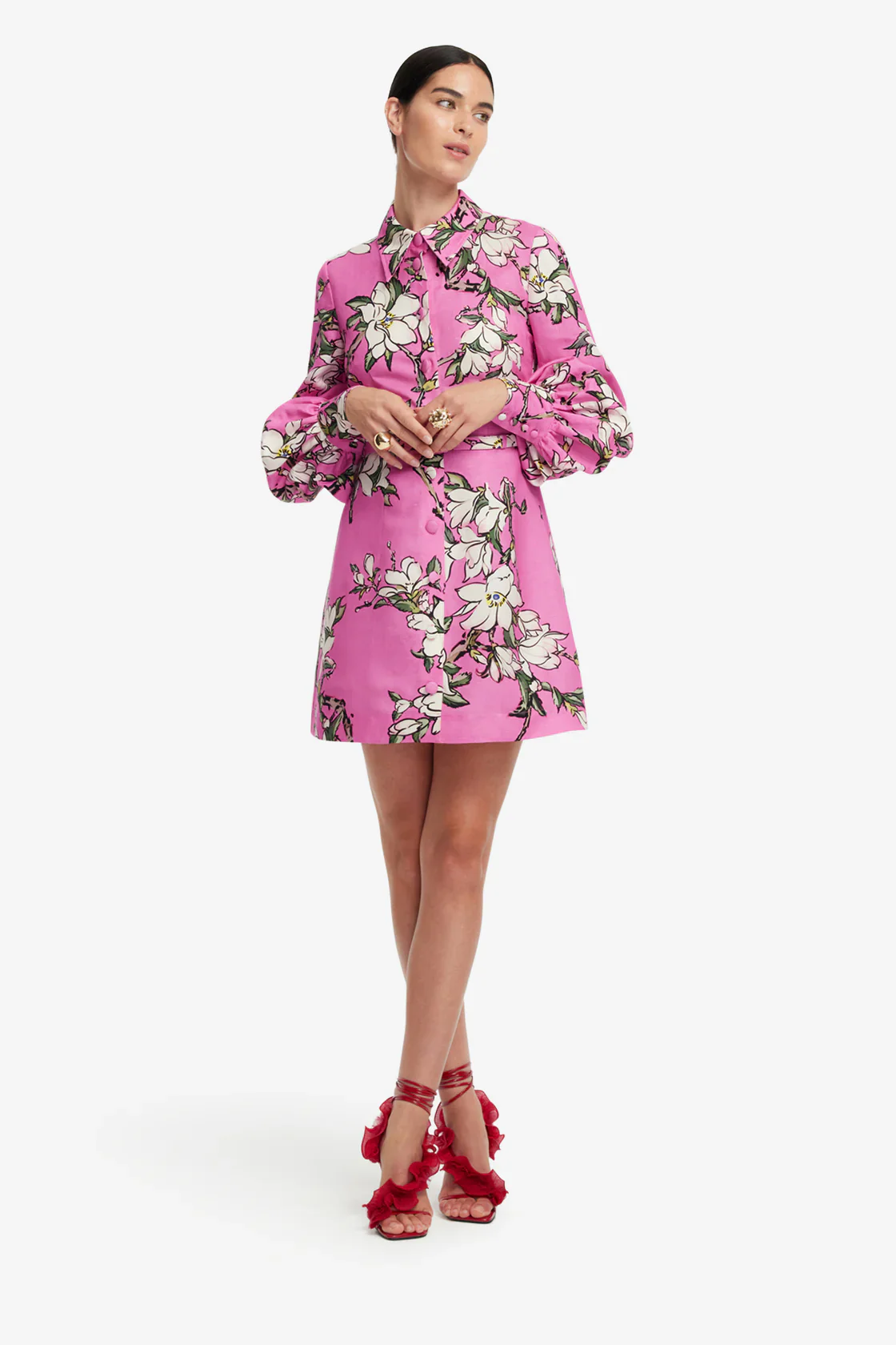 Leo Lin Luminous Linen Mini Dress - Pink Magnolia print - Image 6
