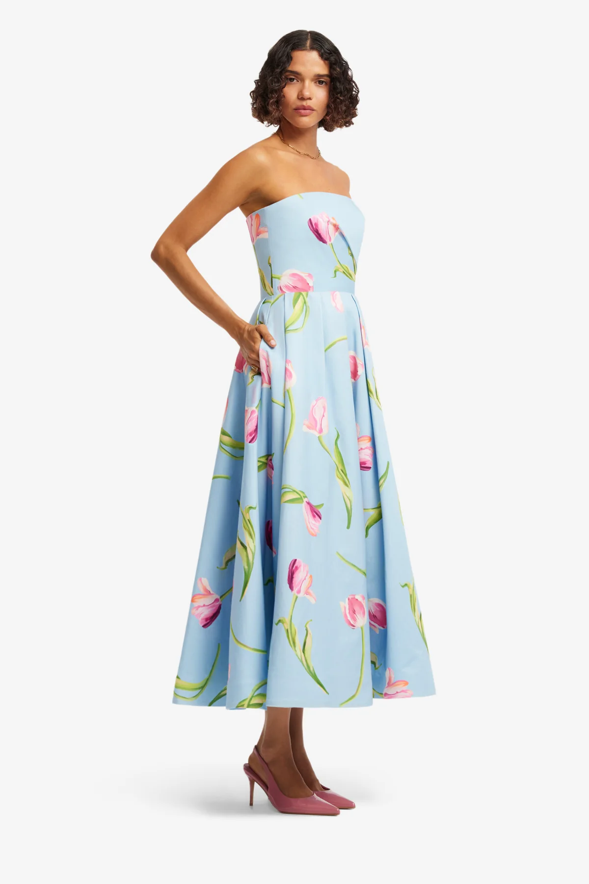 Leo Lin Lynn Bustier Midi Dress - Tulip Print in Blue - Image 3