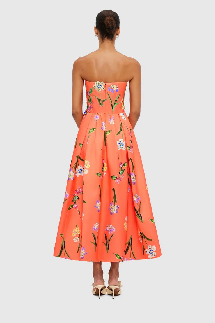 Leo Lin Lynn Bustier Midi Dress - Wild Flower in Coral - Image 3
