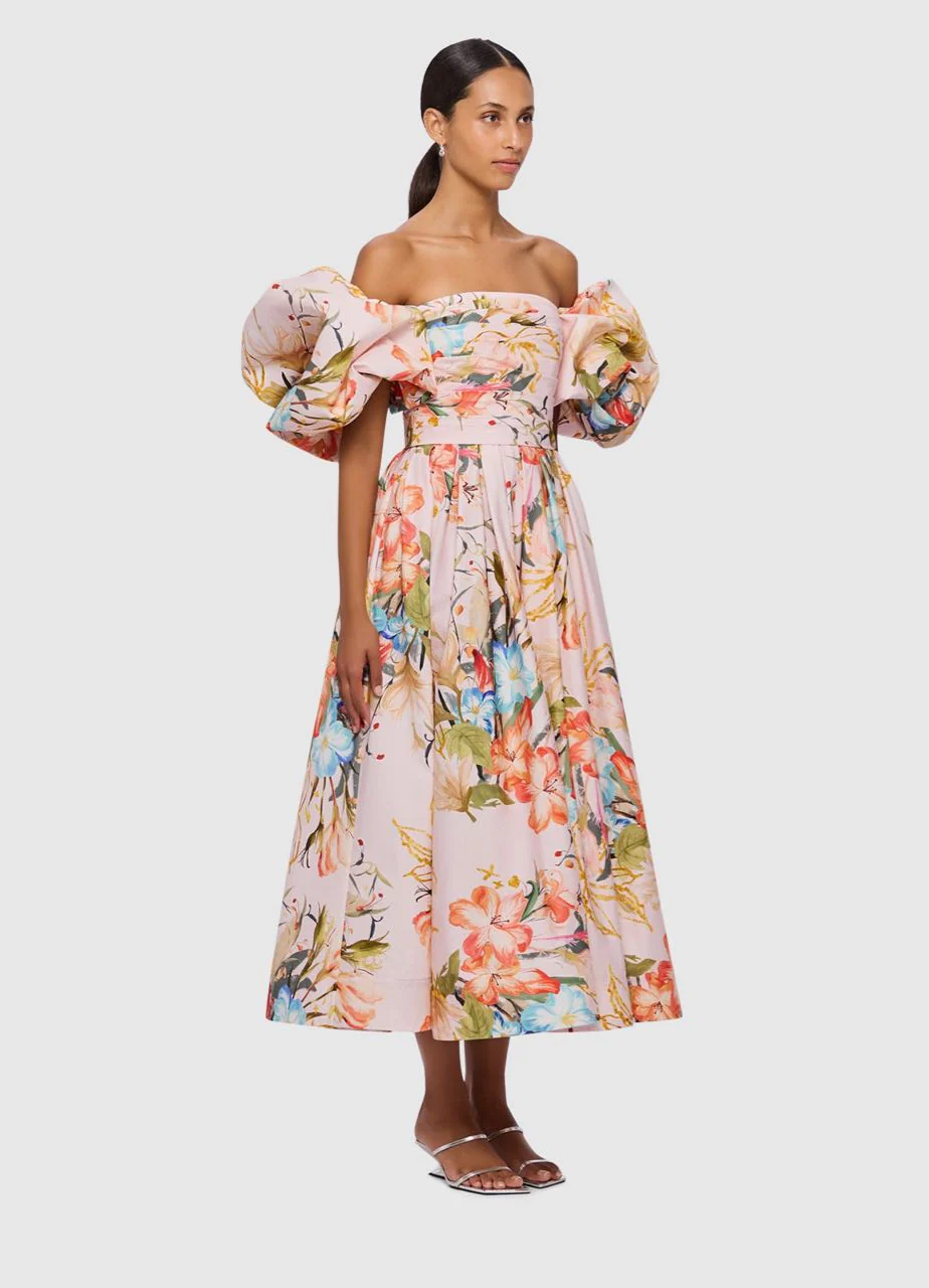 Leo Lin Matilda Puff Sleeve Midi Dress - Opulent Print in Blush - Image 2
