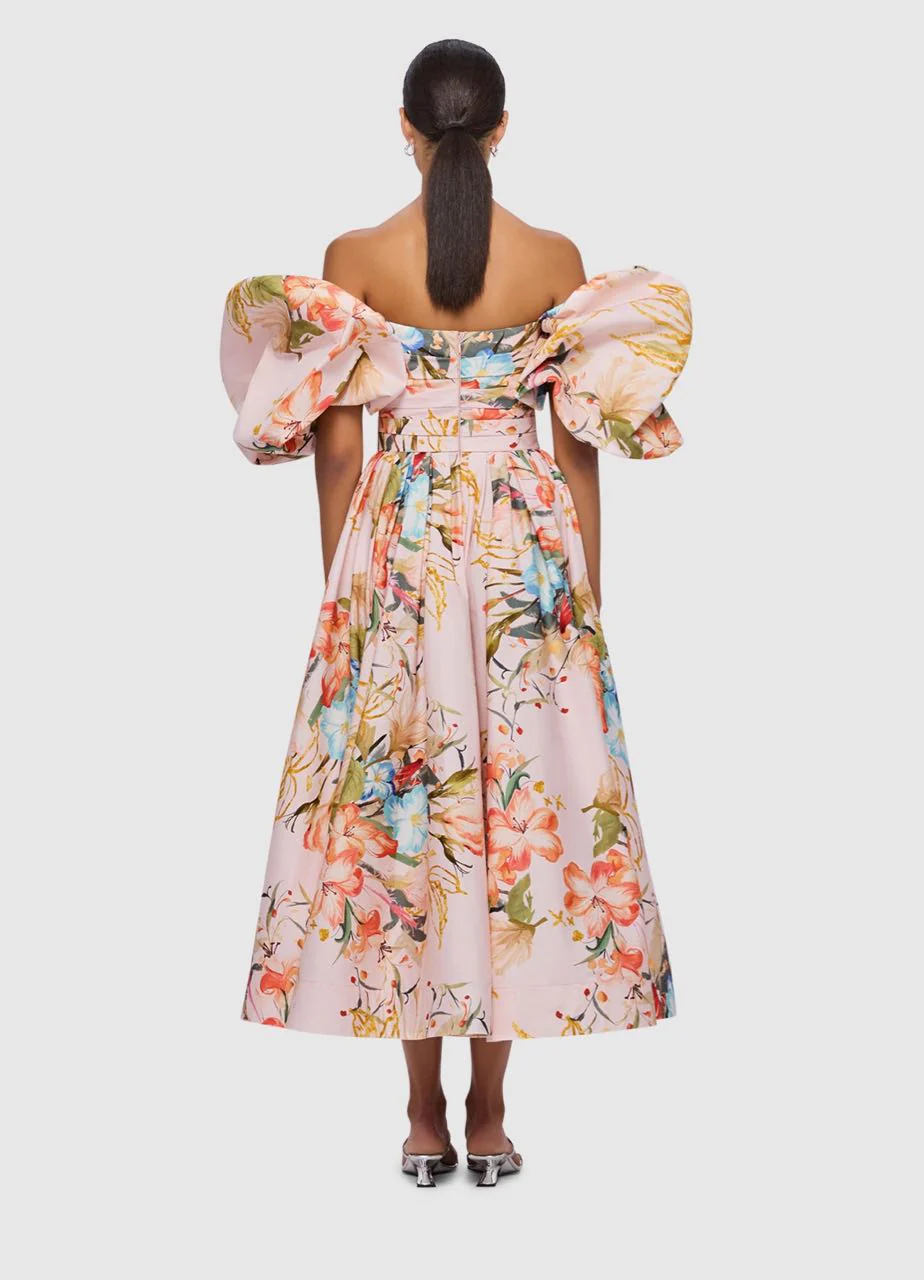 Leo Lin Matilda Puff Sleeve Midi Dress - Opulent Print in Blush - Image 3