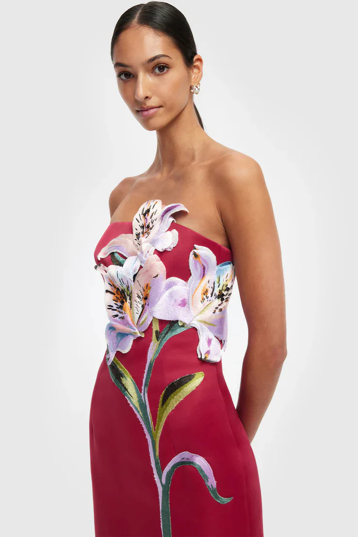 Leo Lin Rayna Appliqué Floral Maxi Dress - Lily Print in Oxblood - Image 2