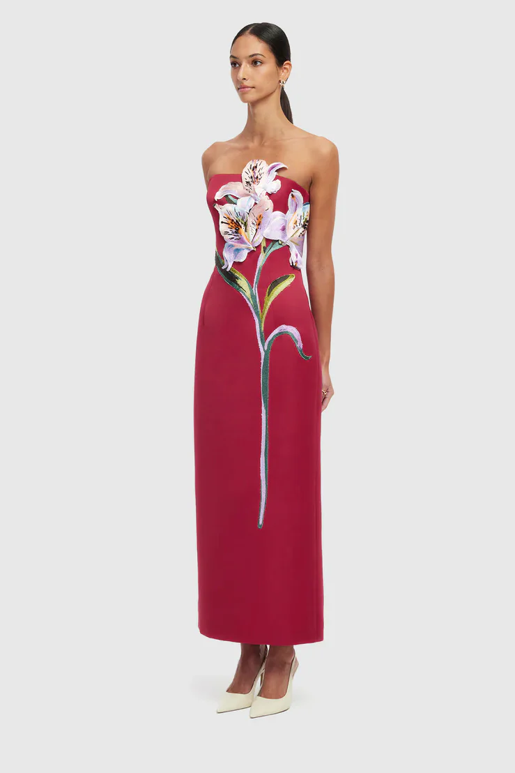 Leo Lin Rayna Appliqué Floral Maxi Dress - Lily Print in Oxblood - Image 3