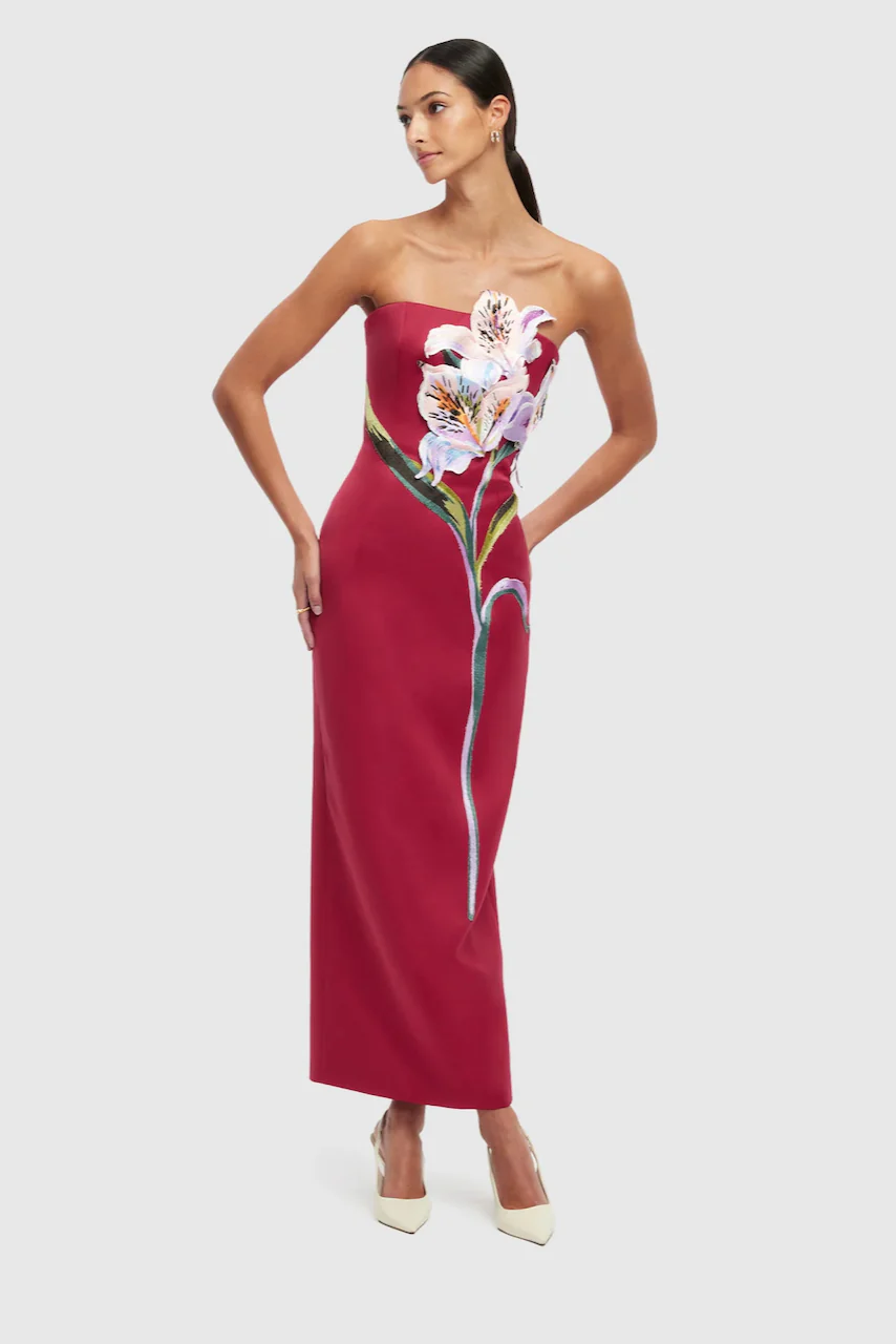 Leo Lin Rayna Appliqué Floral Maxi Dress - Lily Print in Oxblood - Image 7