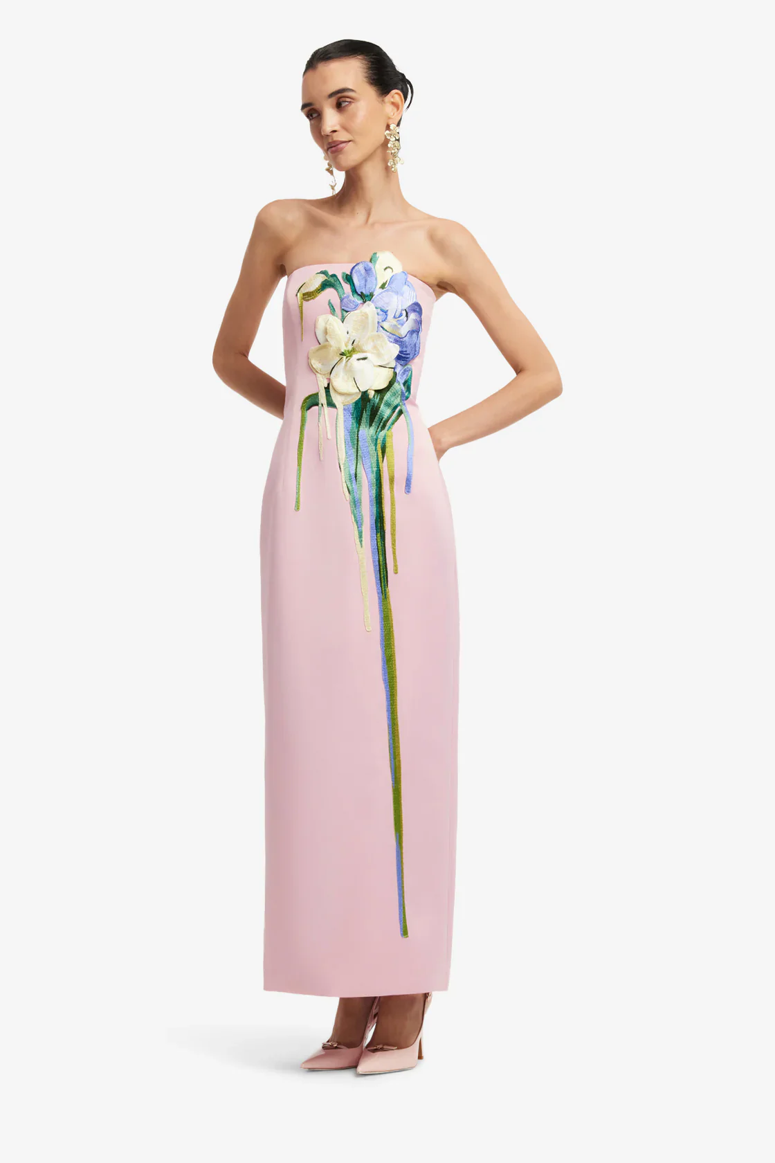 Leo Lin Rayna Embroidered Bustier Maxi Dress - Bouquet Print in Pastel Pink - Image 3