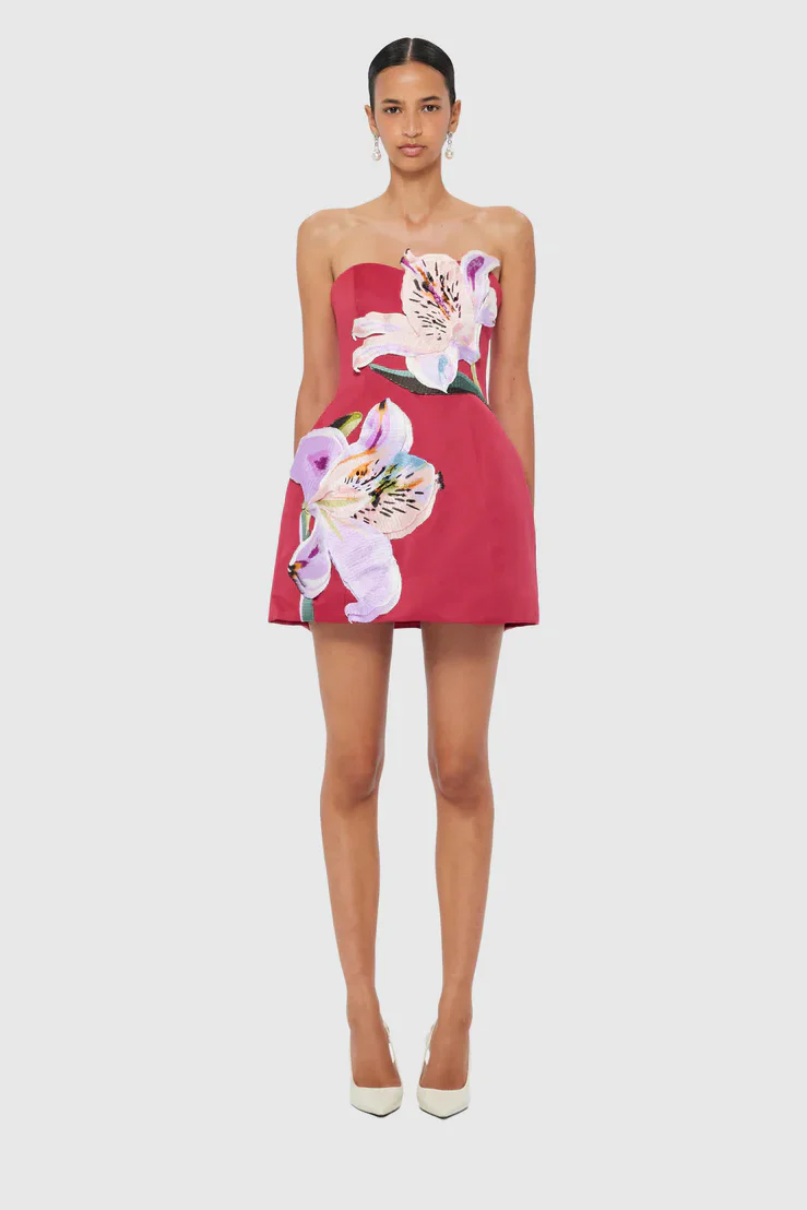 Leo Lin Rosario Appliqué Bustier Mini Dress - Lily Print in Oxblood