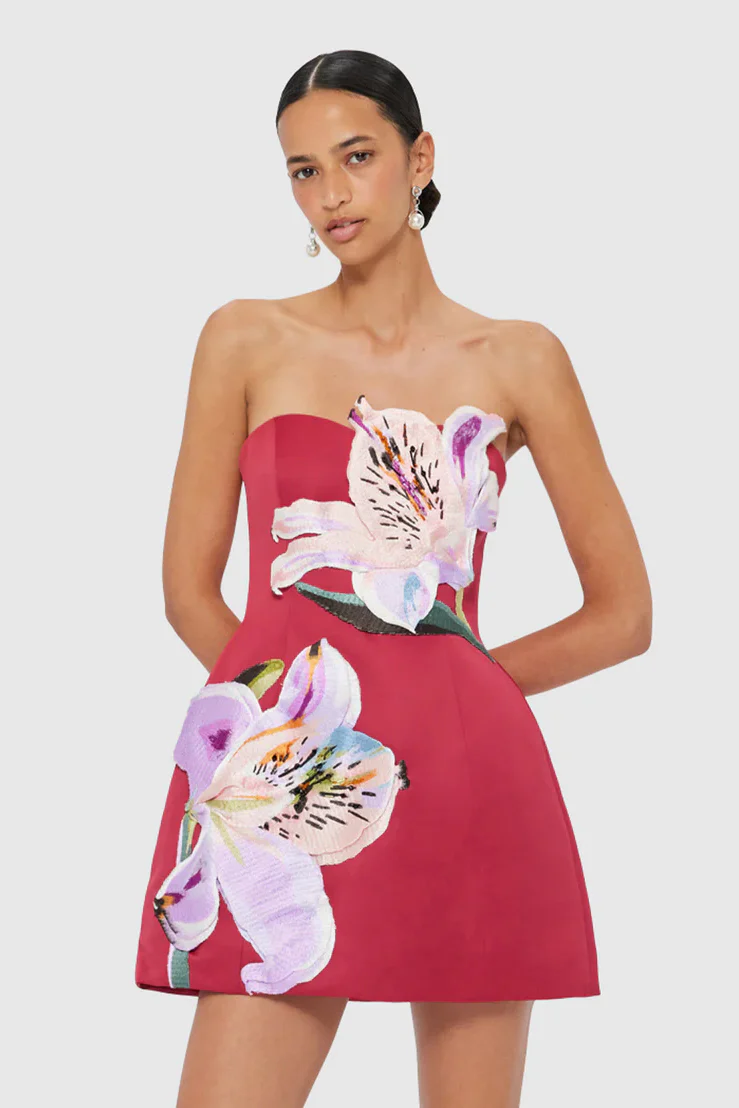 Leo Lin Rosario Appliqué Bustier Mini Dress - Lily Print in Oxblood - Image 2