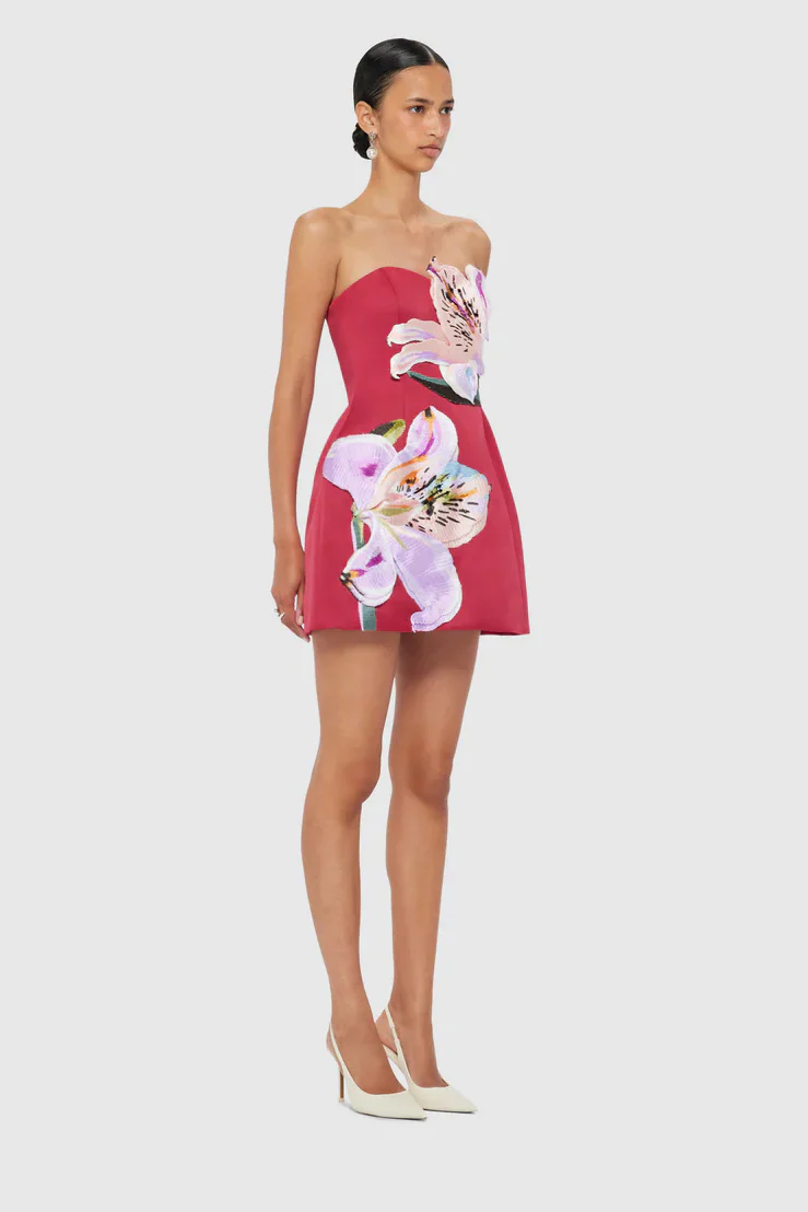 Leo Lin Rosario Appliqué Bustier Mini Dress - Lily Print in Oxblood - Image 3