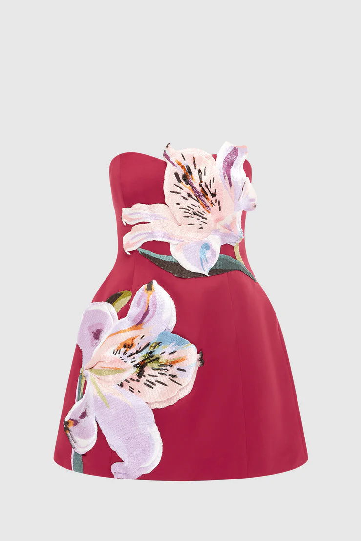 Leo Lin Rosario Appliqué Bustier Mini Dress - Lily Print in Oxblood - Image 6