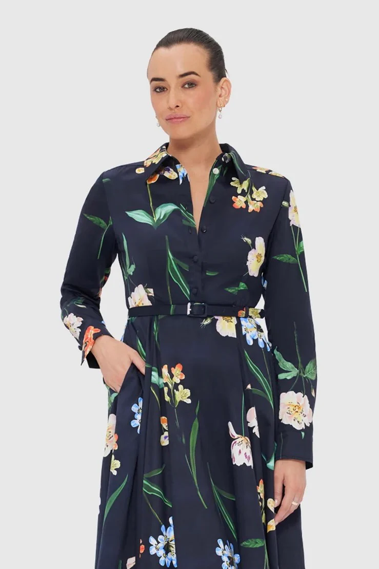 Leo Lin Zara Shirt Midi Dress - Botanical Print in Ebony - Image 5