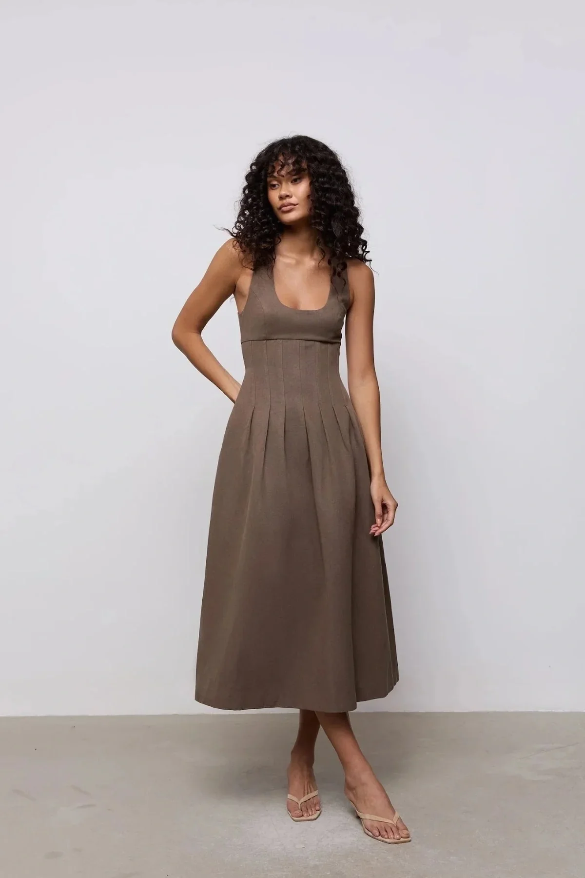 Odd Muse Cotton Mix Cinched Midi Dress - Mushroom