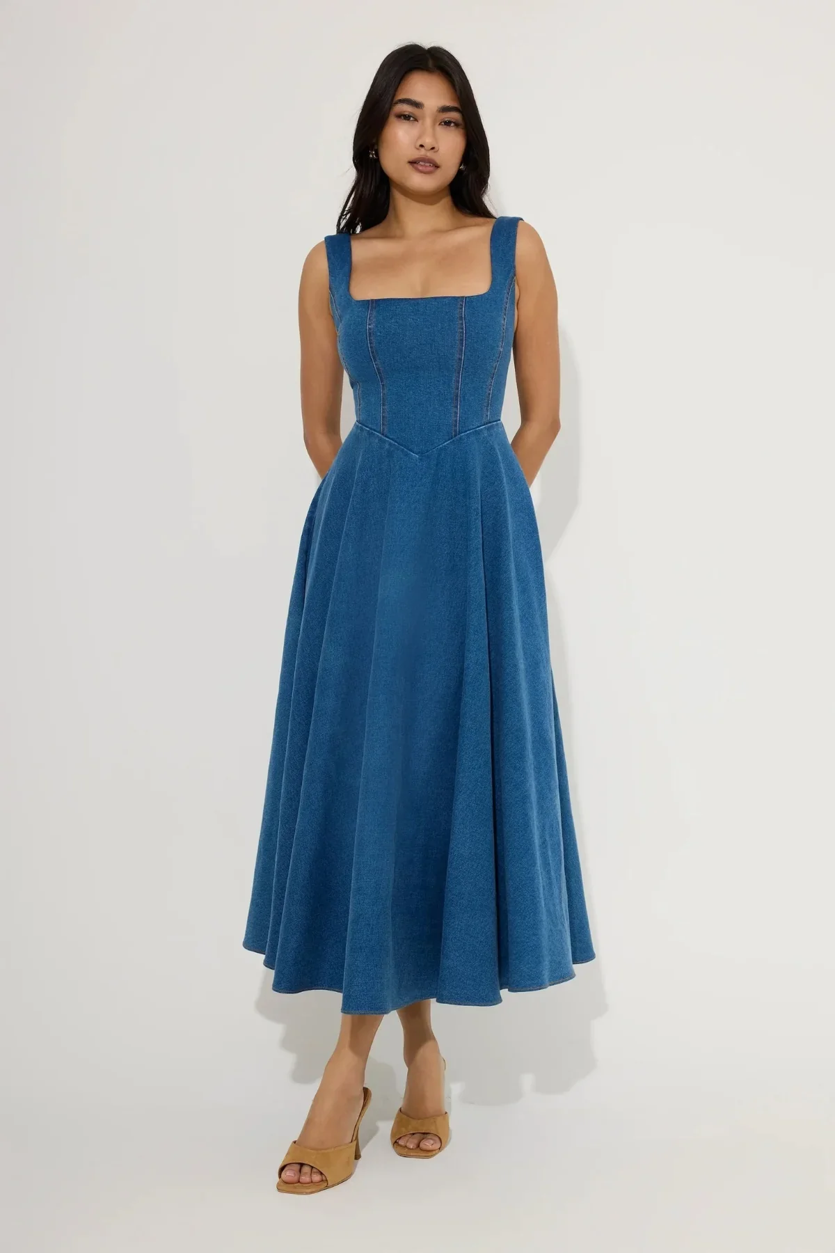 Odd Muse Cotton Mix Denim Square Neck Midi- Light Blue