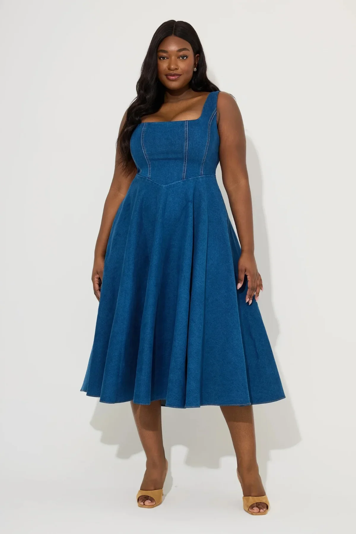 Odd Muse Cotton Mix Denim Square Neck Midi- Light Blue - Image 3