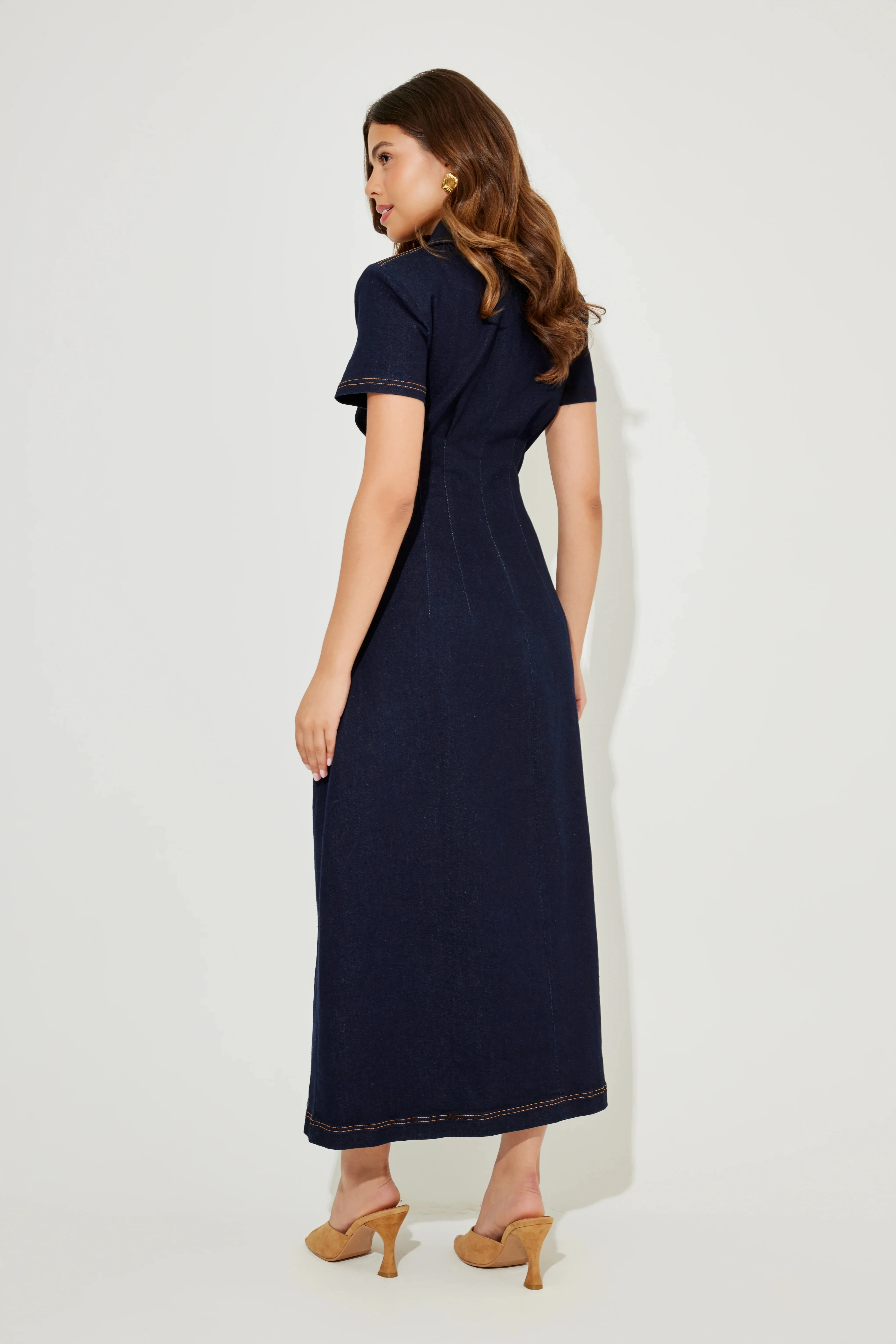 Odd Muse The Ultimate Muse Denim Collared Midi Dress - Dark Blue - Image 3