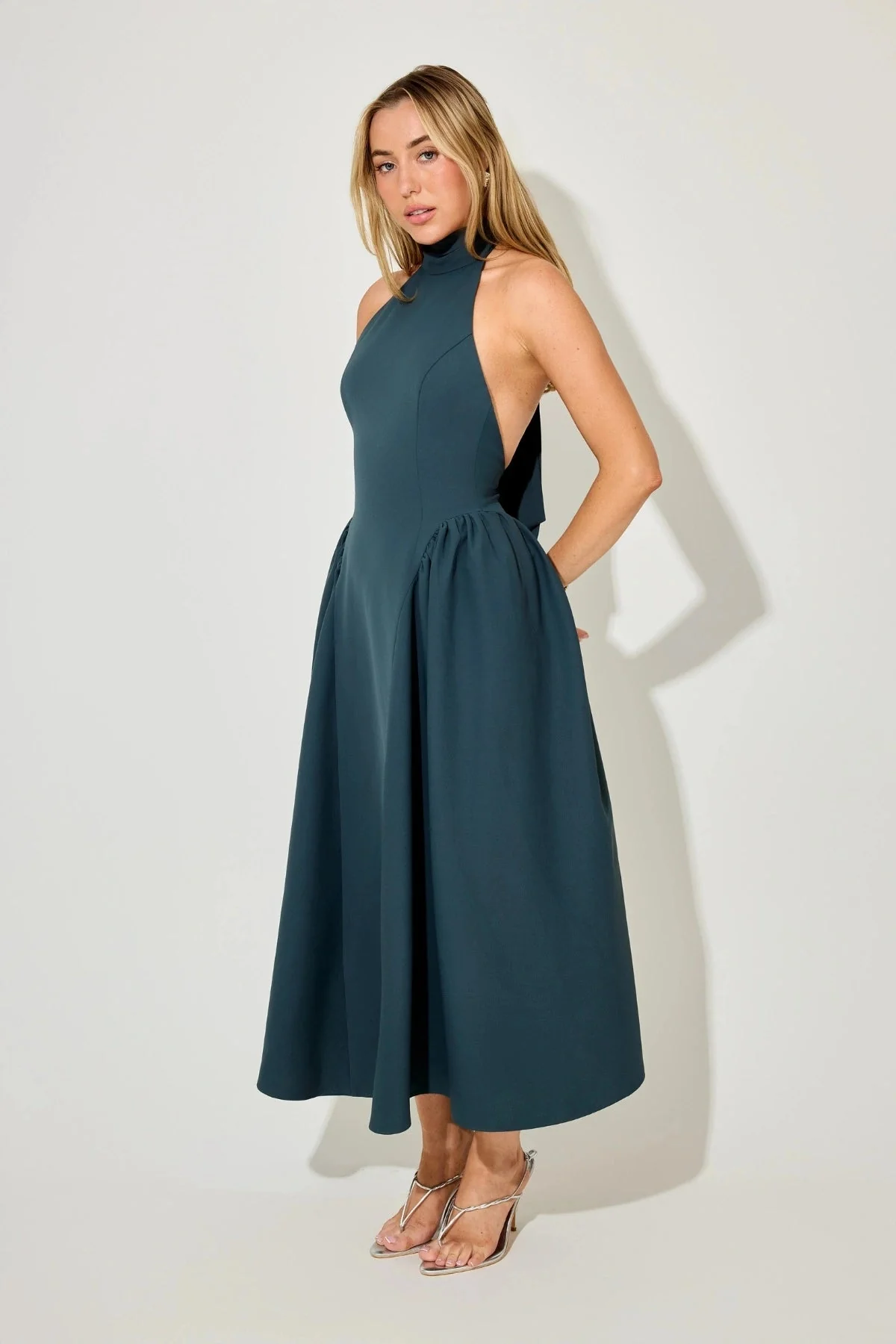 Odd Muse The Ultimate Muse High Neck Gathered Detail Midi Dress - Teal - Image 2