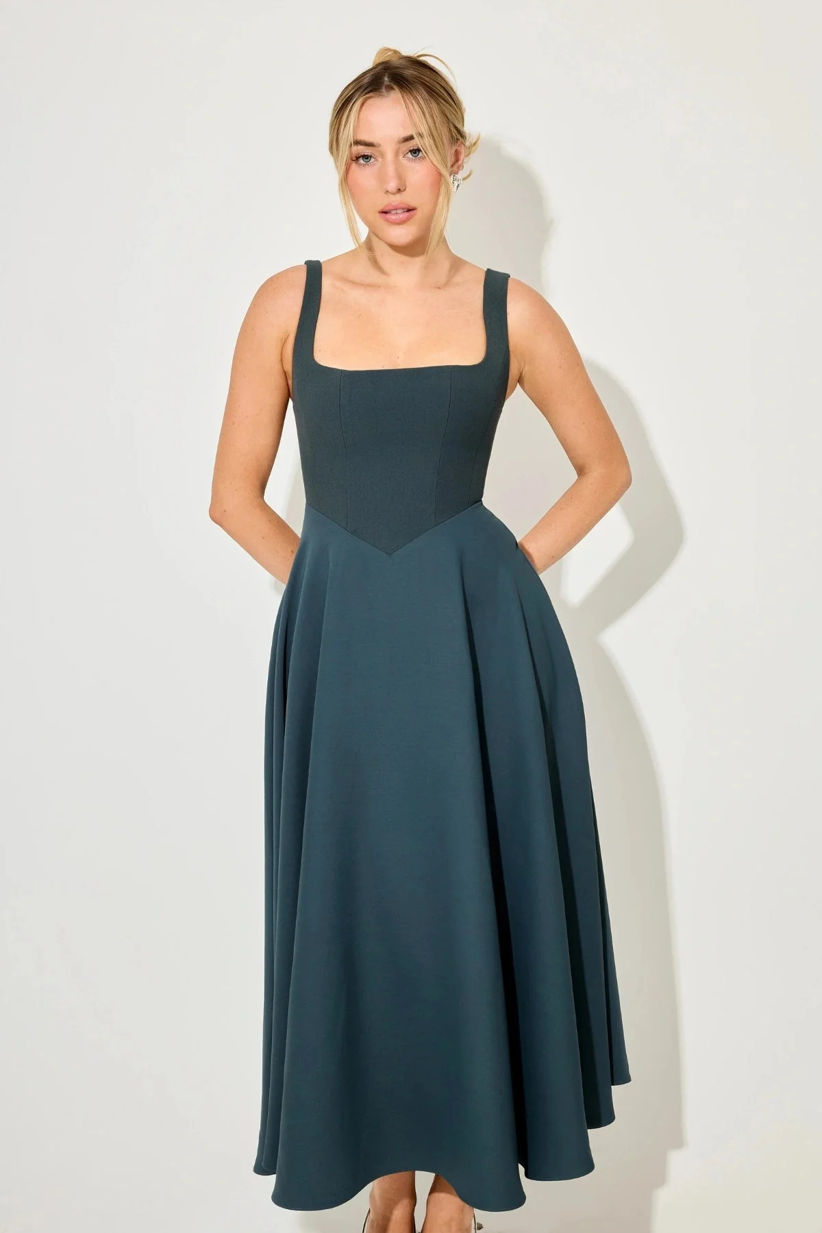 Odd Muse The Ultimate Muse High Waisted Square Neck Midi Dress - Teal