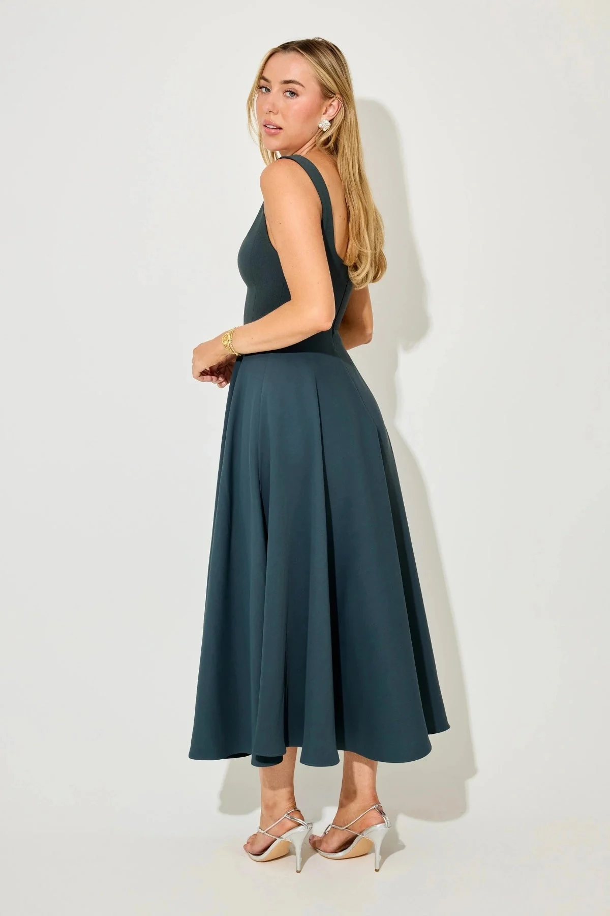 Odd Muse The Ultimate Muse High Waisted Square Neck Midi Dress - Teal - Image 2