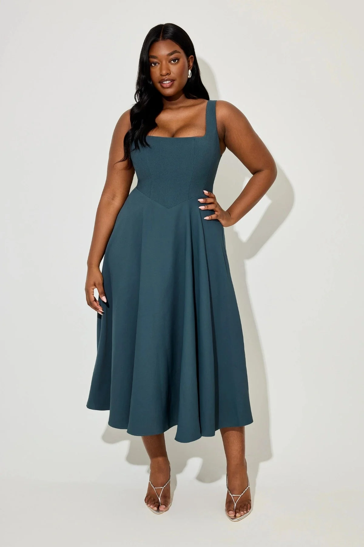 Odd Muse The Ultimate Muse High Waisted Square Neck Midi Dress - Teal - Image 5