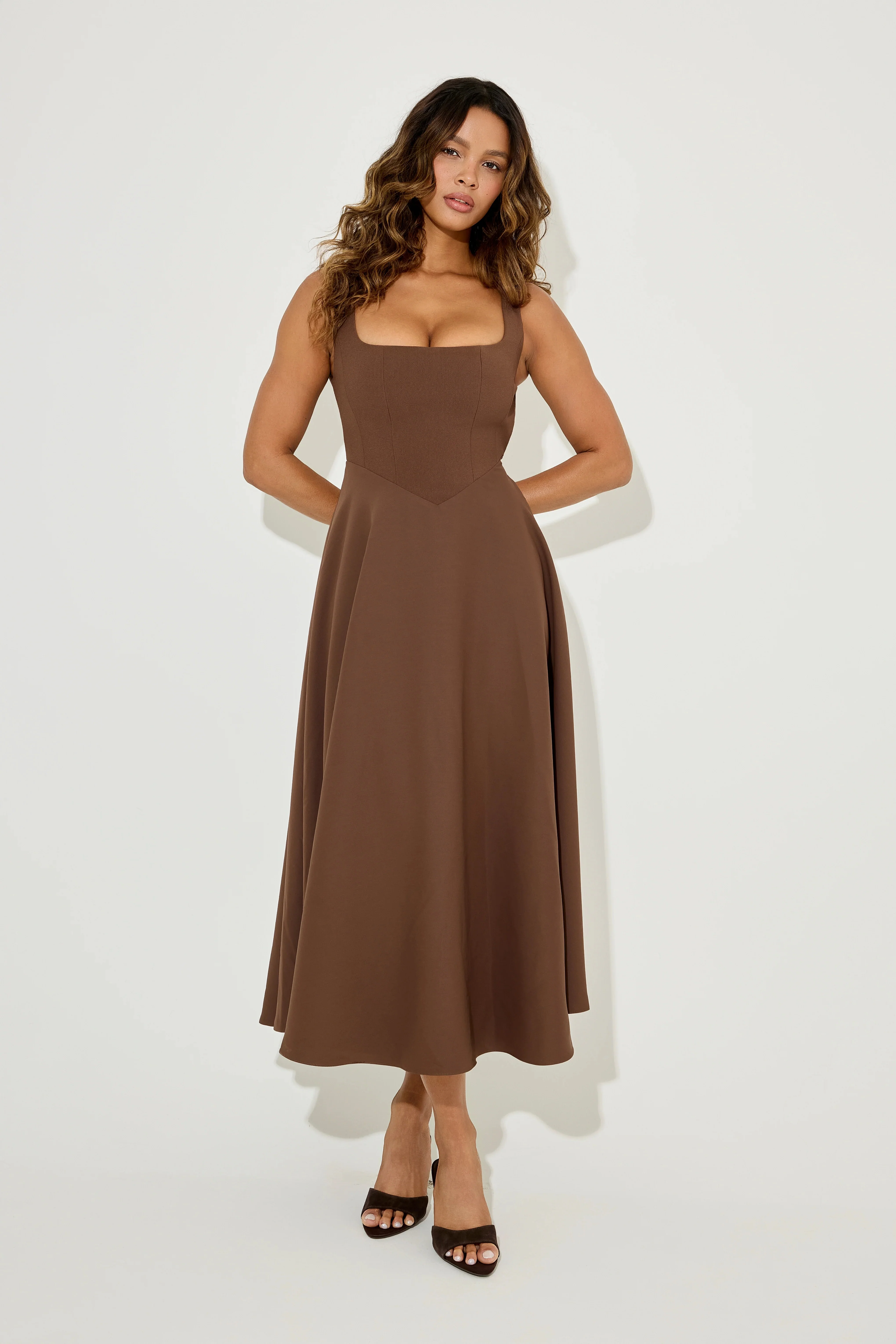 Odd Muse The Ultimate Muse High Waist Square Neck Midi Dress - Chocolate - Image 2