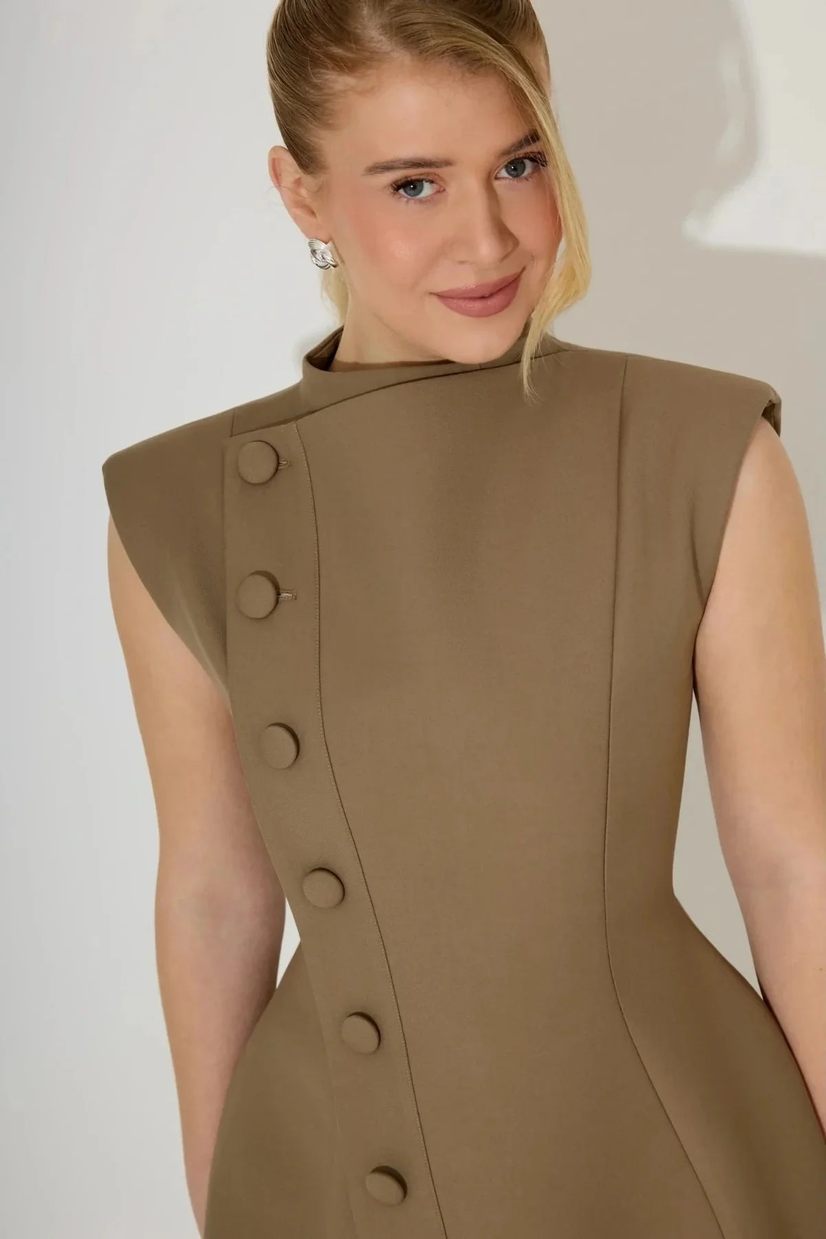 Odd Muse The Ultimate Muse Sleeveless Button Mini Dress - Khaki - Image 6