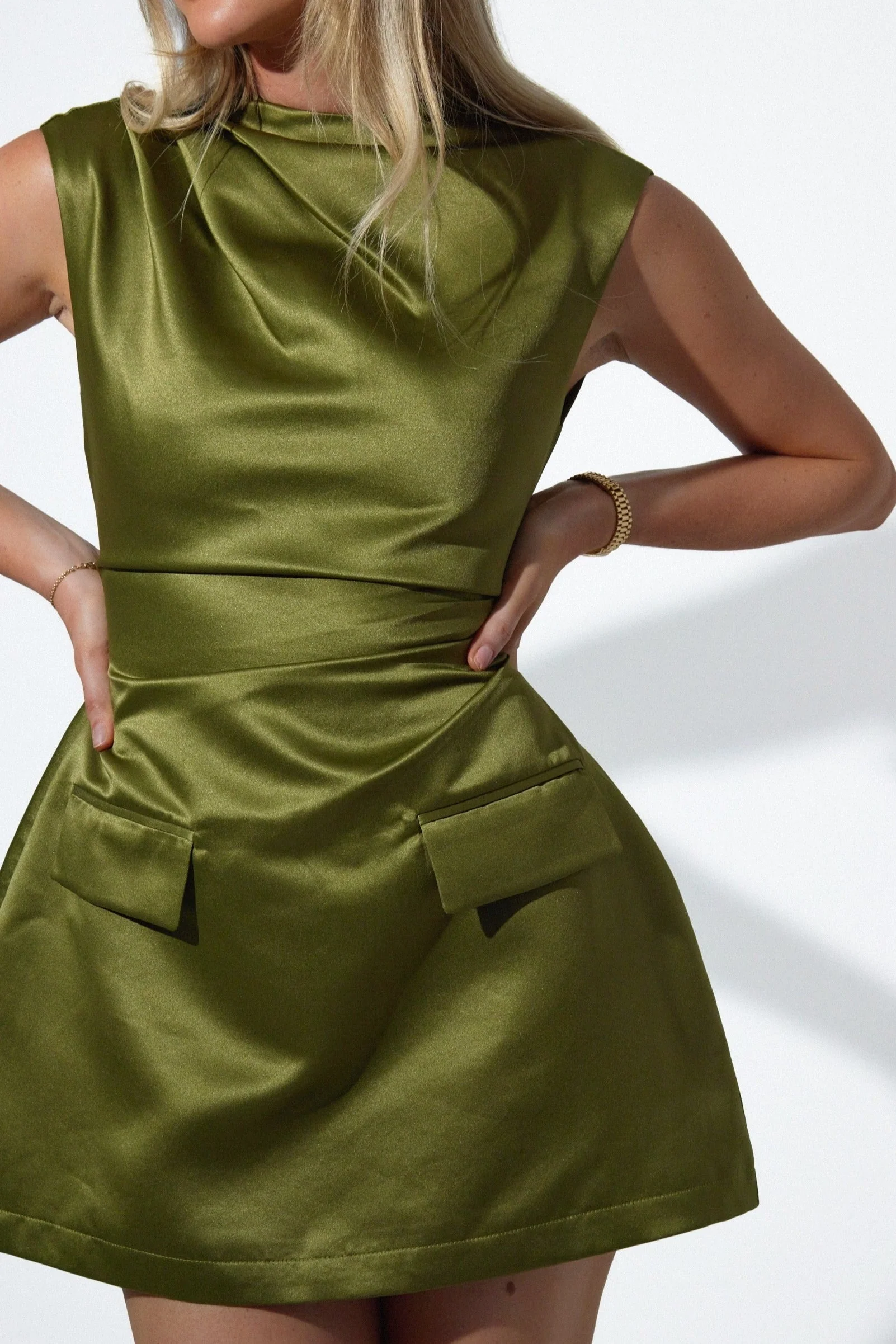 Odd Muse The Ultimate Satin Straight Neck Mini Dress - Olive - Image 4