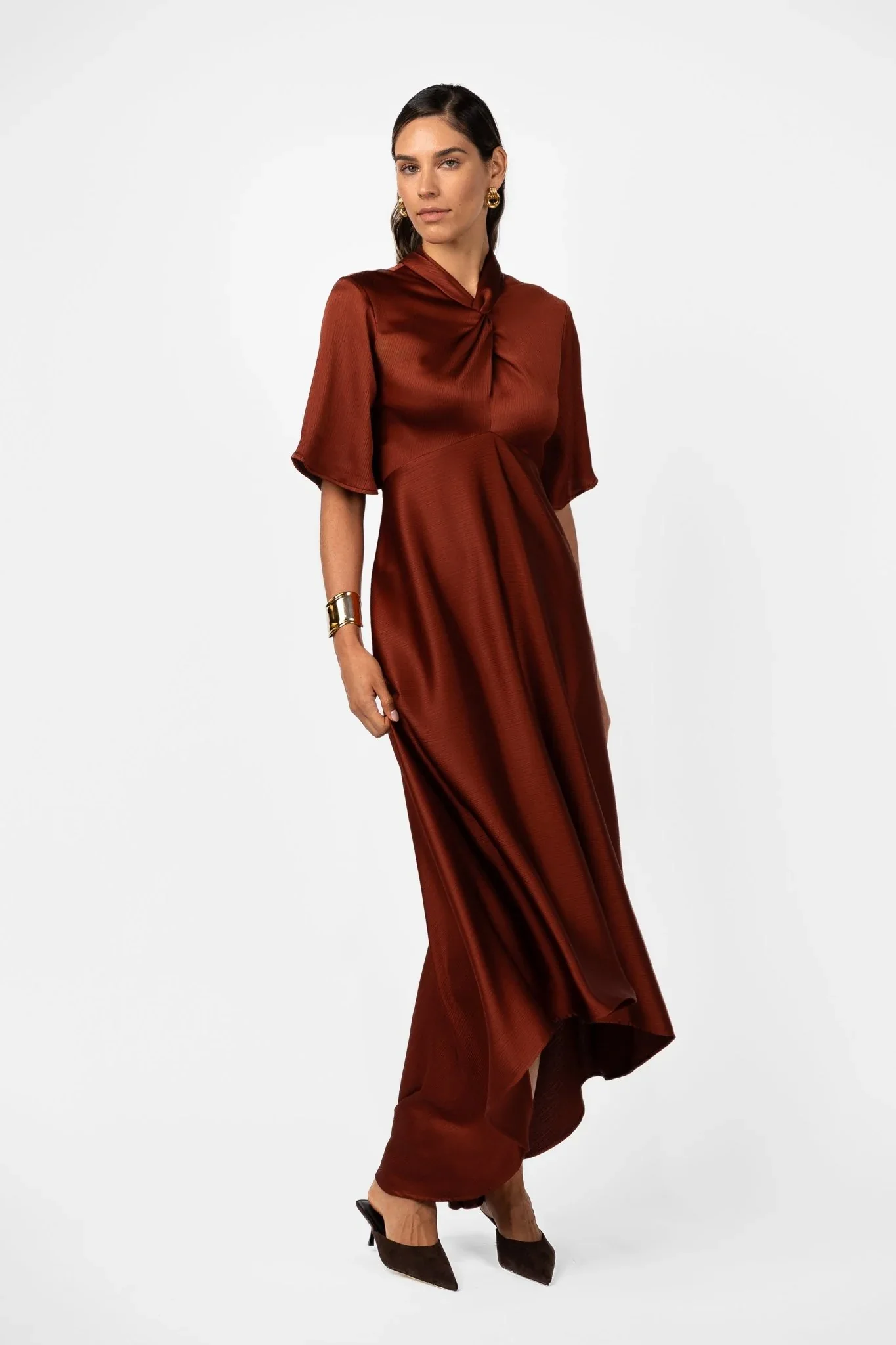 One Fell Swoop Clarion Bell Sleeve Maxi - Terra Rosa Satin - Image 4