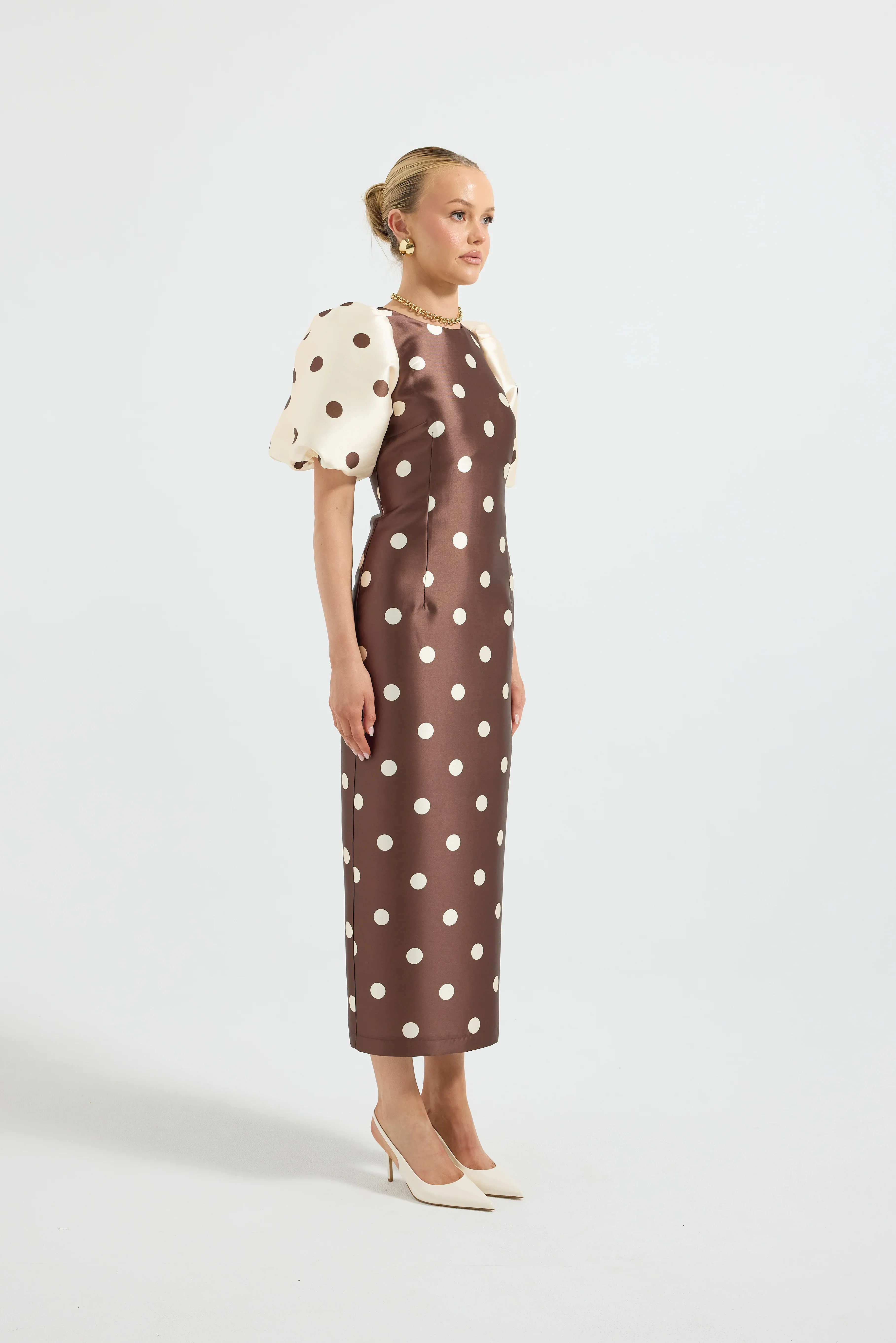 Pasduchas Contrast Sleeve Midi Dress - Choc/Cream Spot - Image 2
