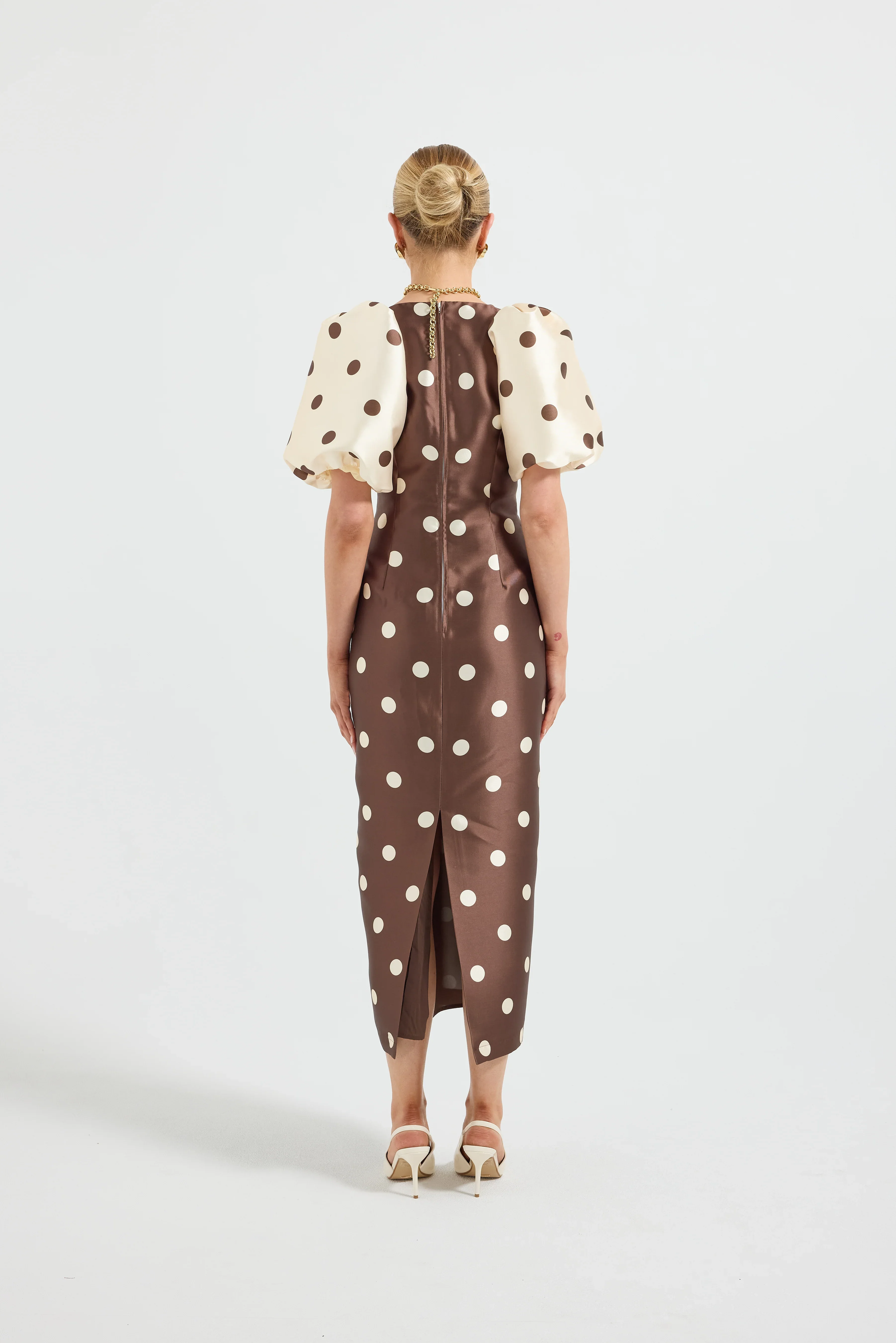 Pasduchas Contrast Sleeve Midi Dress - Choc/Cream Spot - Image 3