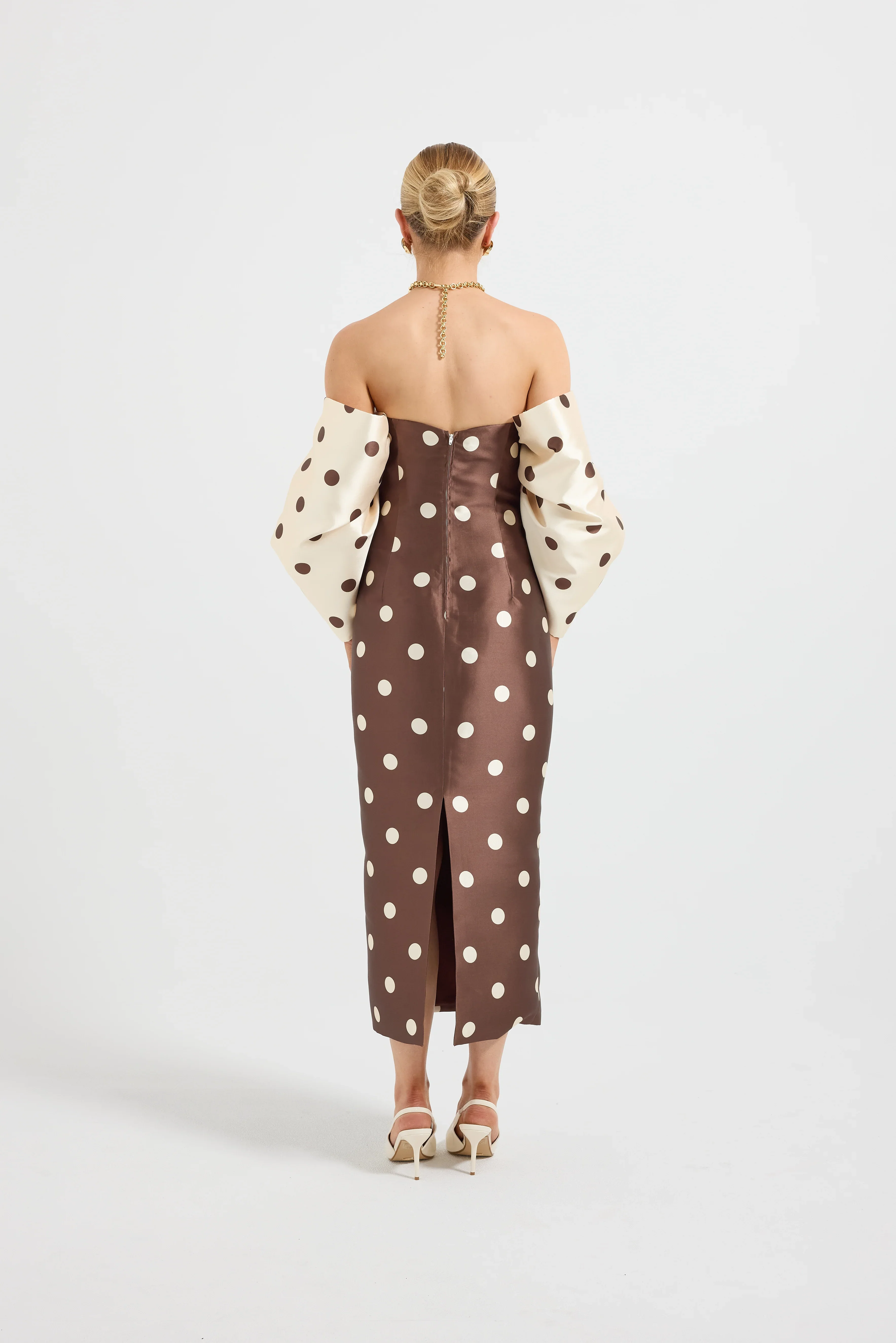 Pasduchas Dottie Contrast Shoulder Midi Dress - Choc/Cream Spot - Image 3