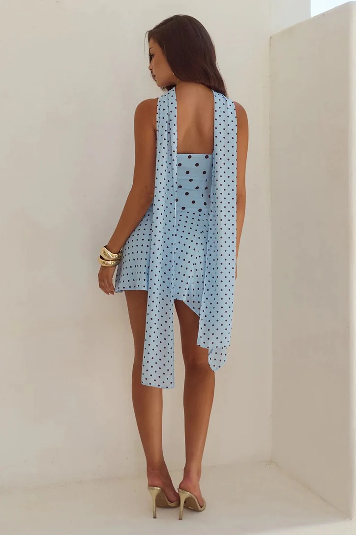 Runaway the Label Alora Scoop Mini Dress - Blue & Choc Polka - Image 5