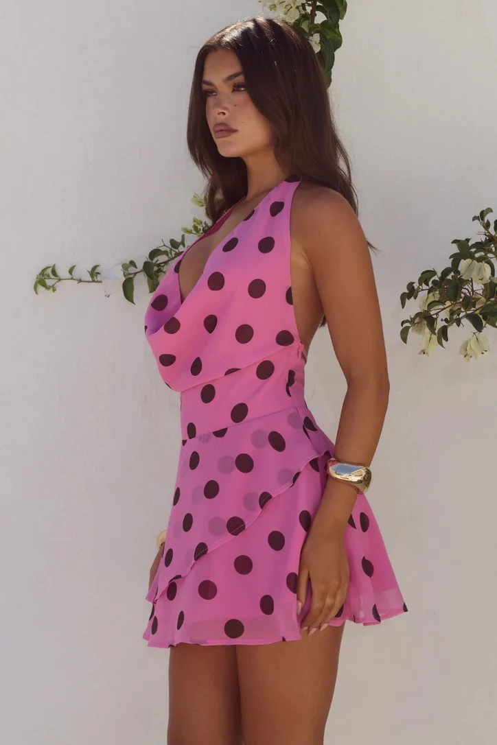 Runaway the Label Imali Halter Cowl Mini Dress - Musk & Choc Polka - Image 3