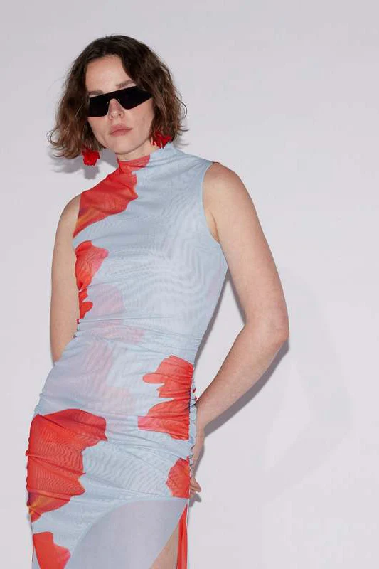 Saemdi Floral Printed Mesh Dress - Blue Multi - Image 4