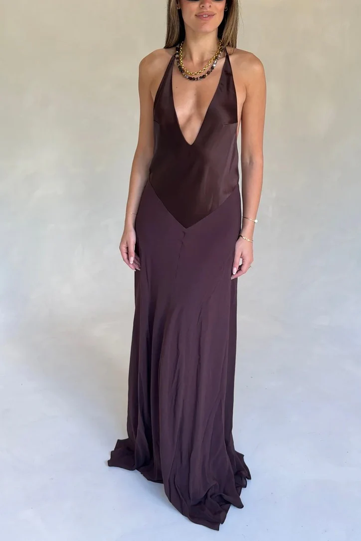 Sneaky Link Jaz V Neck Maxi Dress - Chocolate - Image 2
