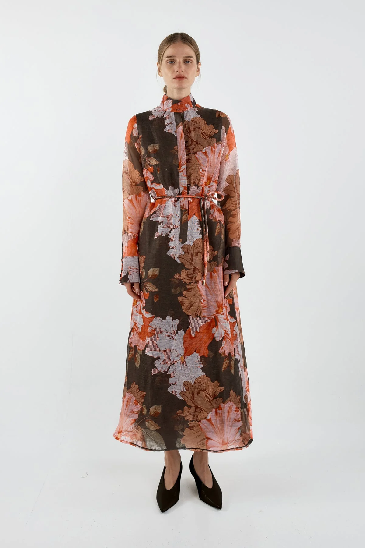 Sofia Irina Iris Bell Sleeve Shirt Dress - Chocolate & Pink Floral