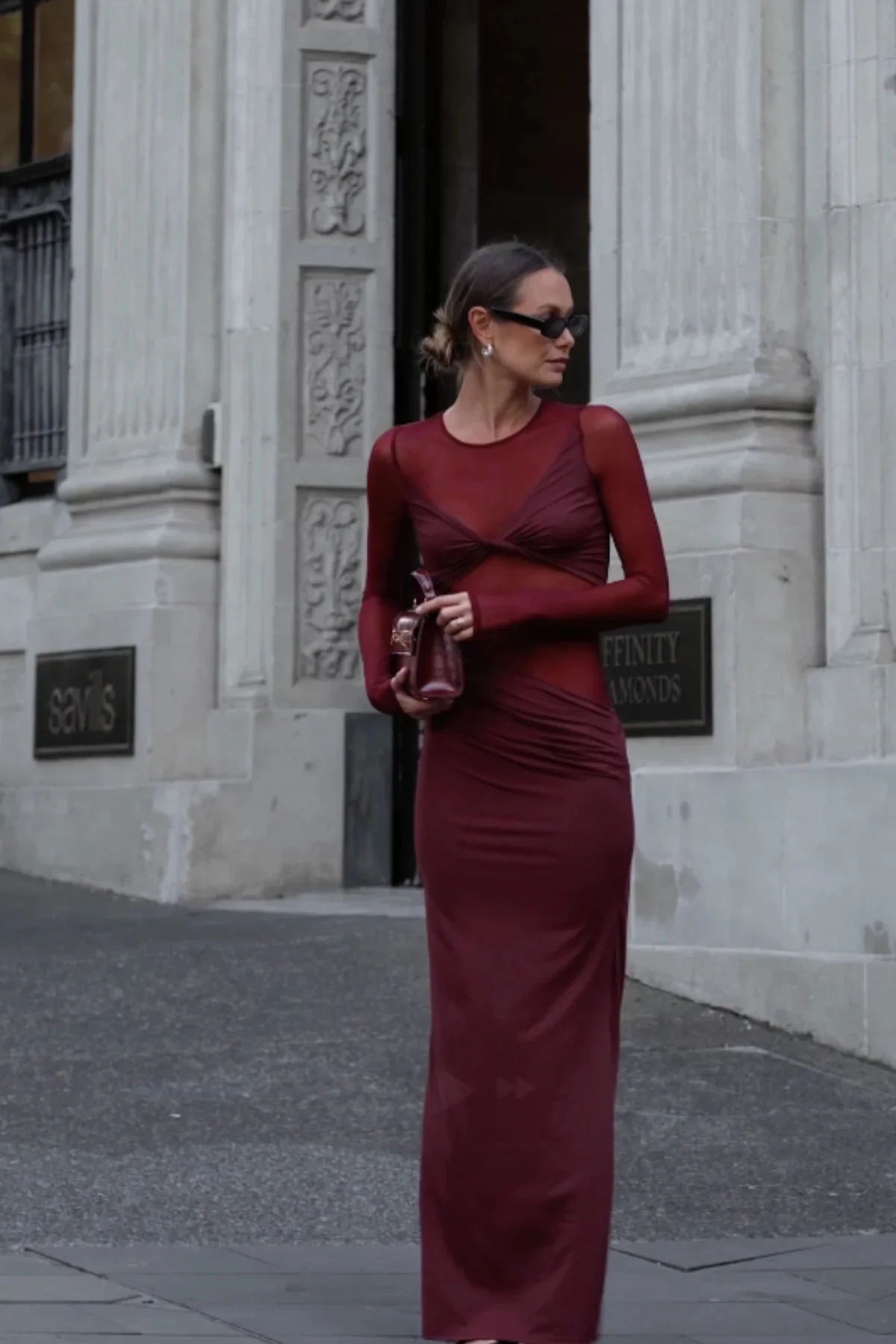 Suboo Auguste Long Sleeve Mesh Jersey Maxi Dress - Bordeaux - Image 2