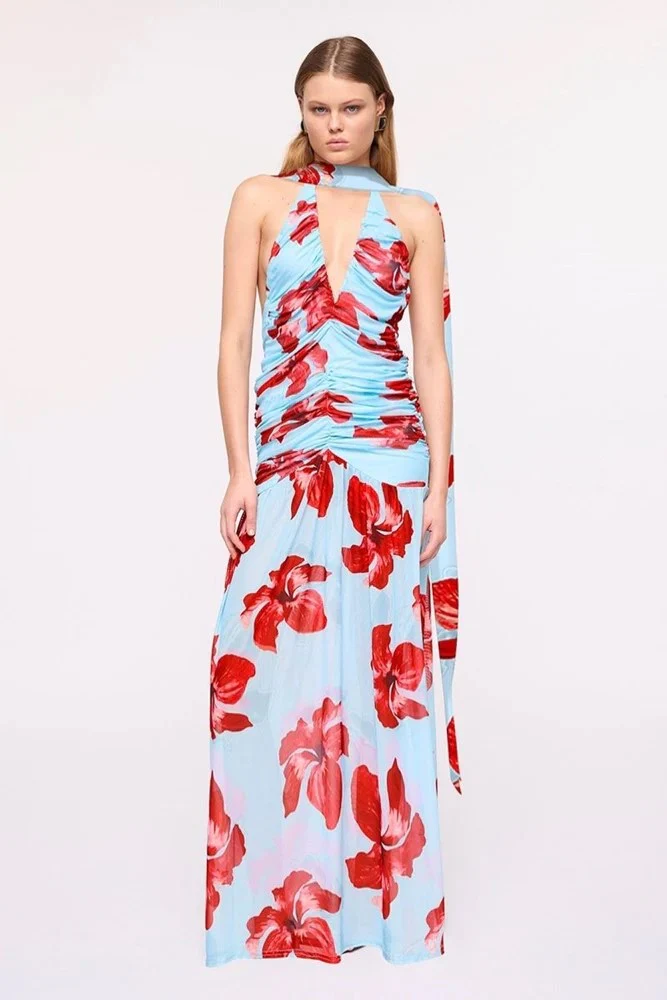 Suboo Chloe Floral Halter Mesh Maxi Dress - Blue & Pink