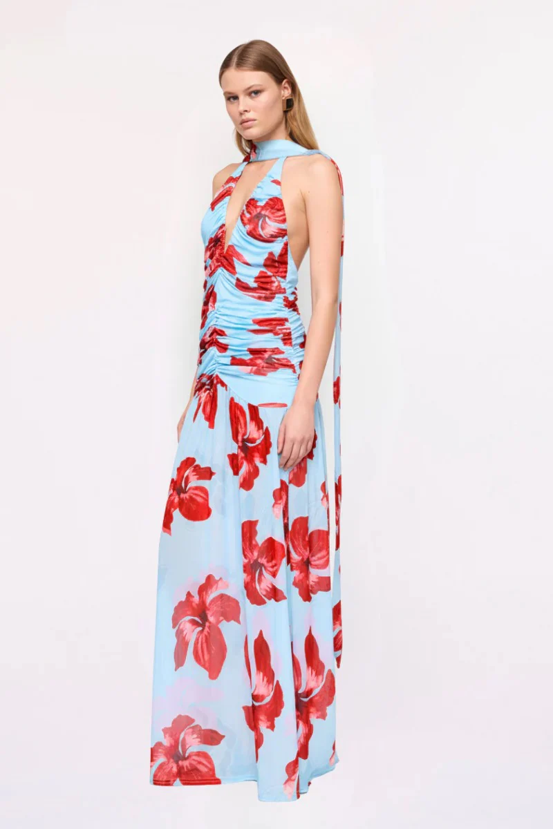 Suboo Chloe Floral Halter Mesh Maxi Dress - Blue & Pink - Image 3