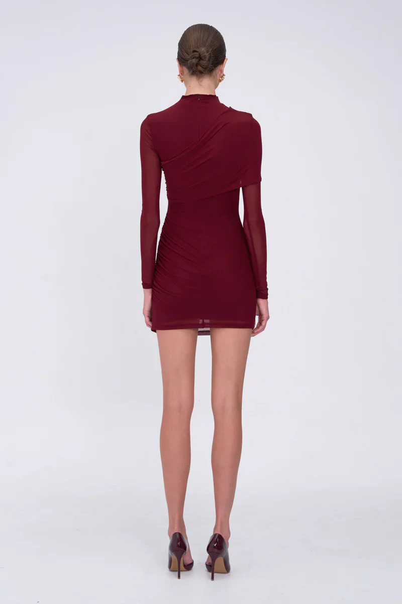 Suboo Christy Mesh Draped Long Sleeve Mini Dress - Bordeaux - Image 3
