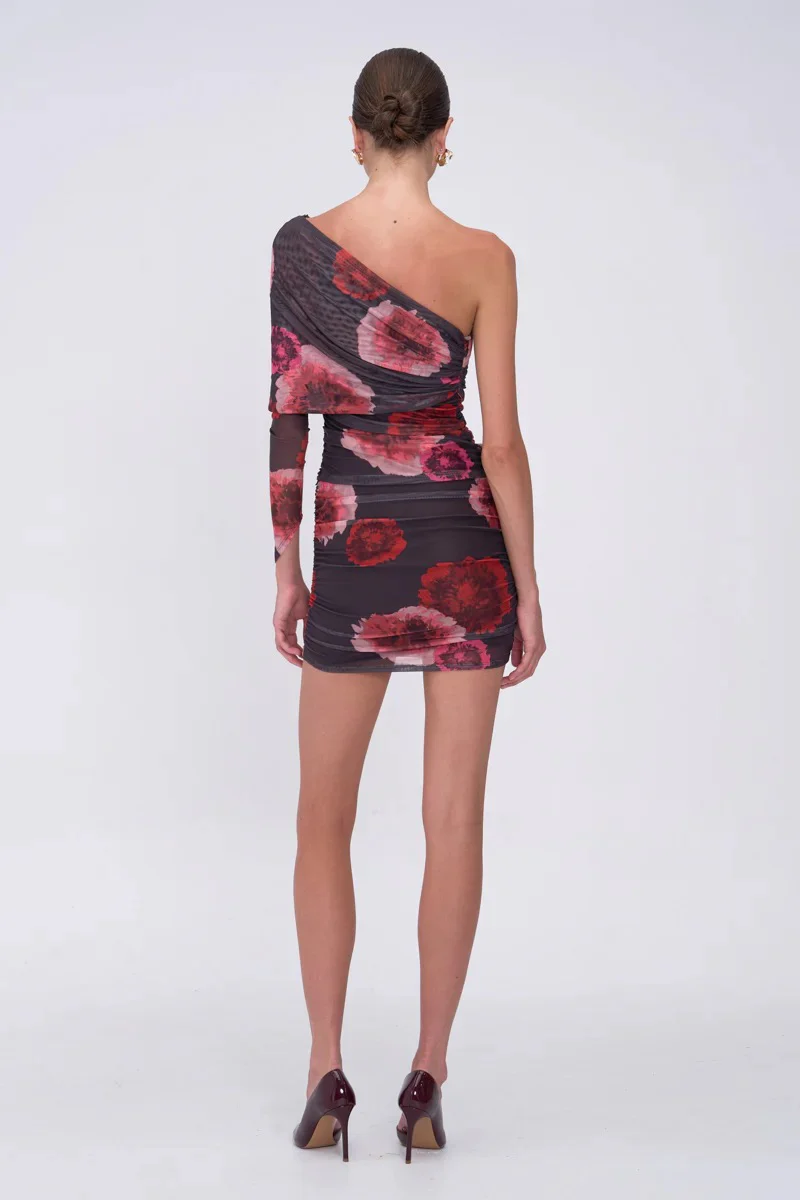 Suboo Frida Draped Off Shoulder Long Sleeve Mini Dress - Floral - Image 3