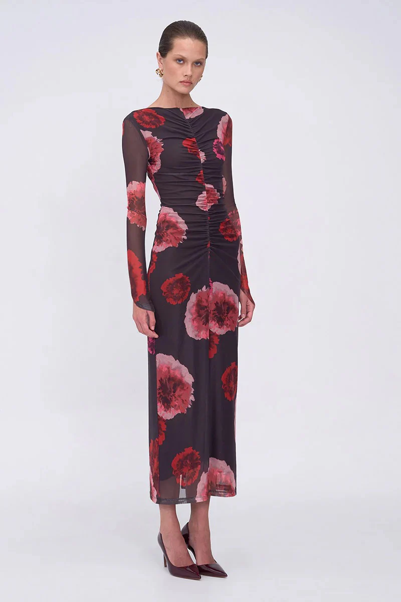 Suboo Frida Ruched Front Long Sleeve Midi Dress - Floral - Image 2