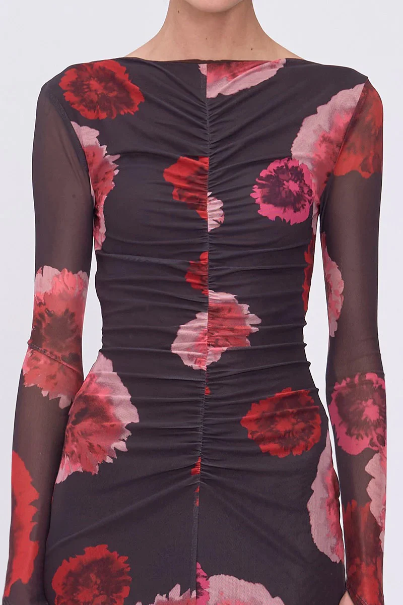 Suboo Frida Ruched Front Long Sleeve Midi Dress - Floral - Image 4