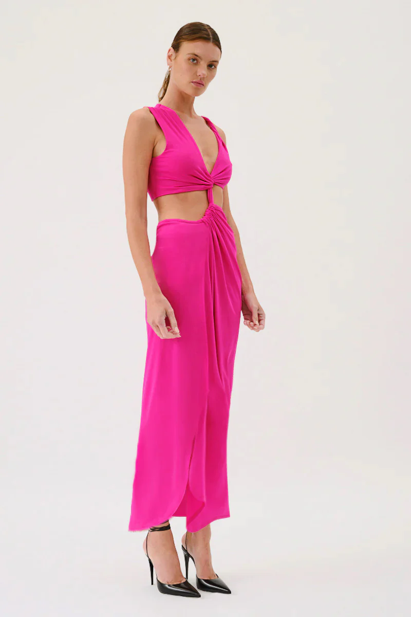 Suboo Garnet Sleeveless Rouched Cross Over Midi Dress - Hyper Pink - Image 2