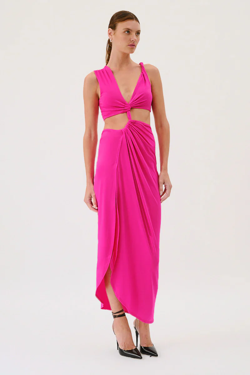Suboo Garnet Sleeveless Rouched Cross Over Midi Dress - Hyper Pink - Image 3